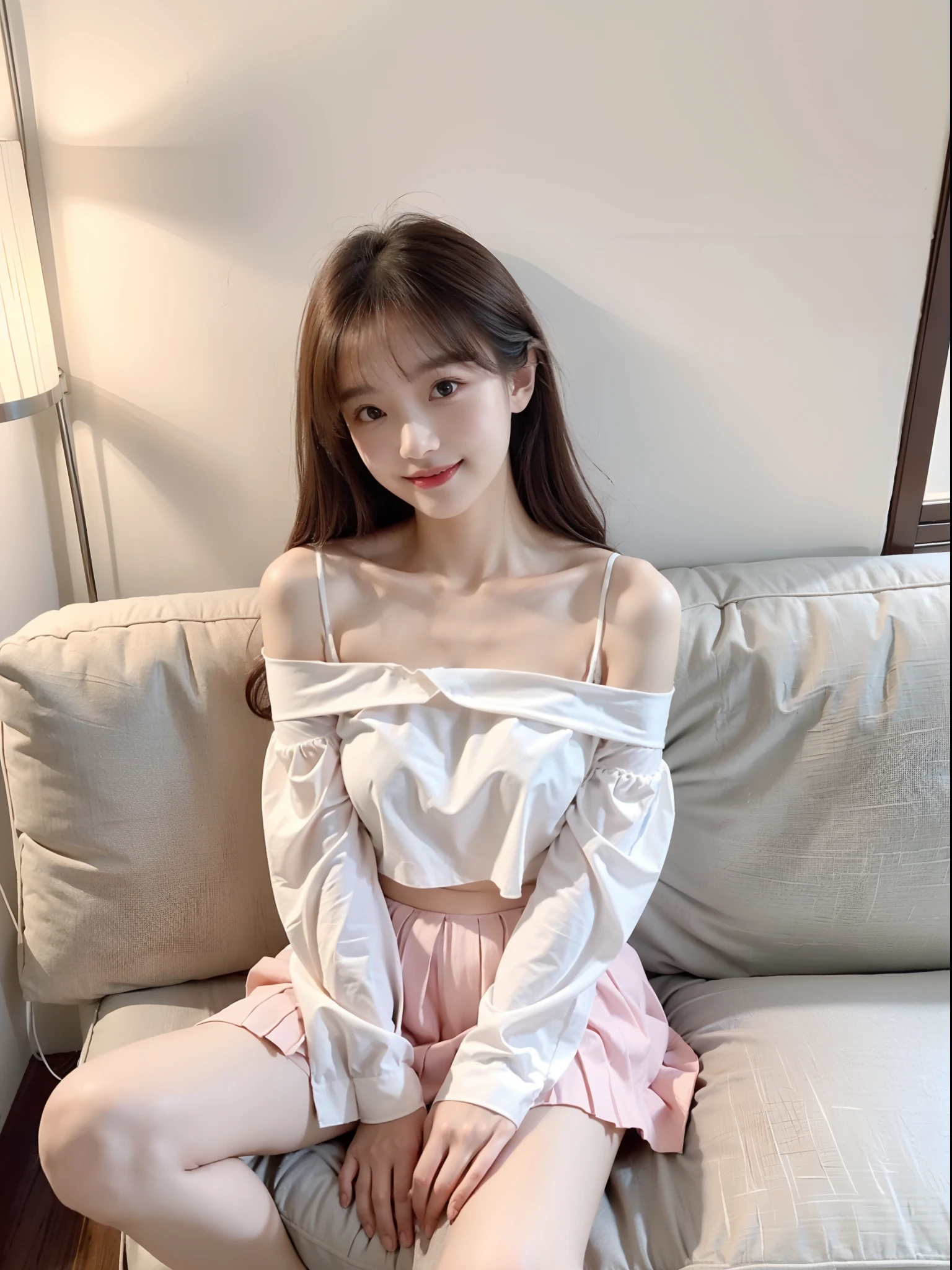 (full body), (from above), 1girl,Lie down on a comfortable couch,crossed legs,Soft light, off shoulder clothes, White color blouse, cropped shoulders, Pink pleated skirt, 20yr old，Korean model, slender leg, evil grin smile，Evil expression, warm lights, a warm color palette