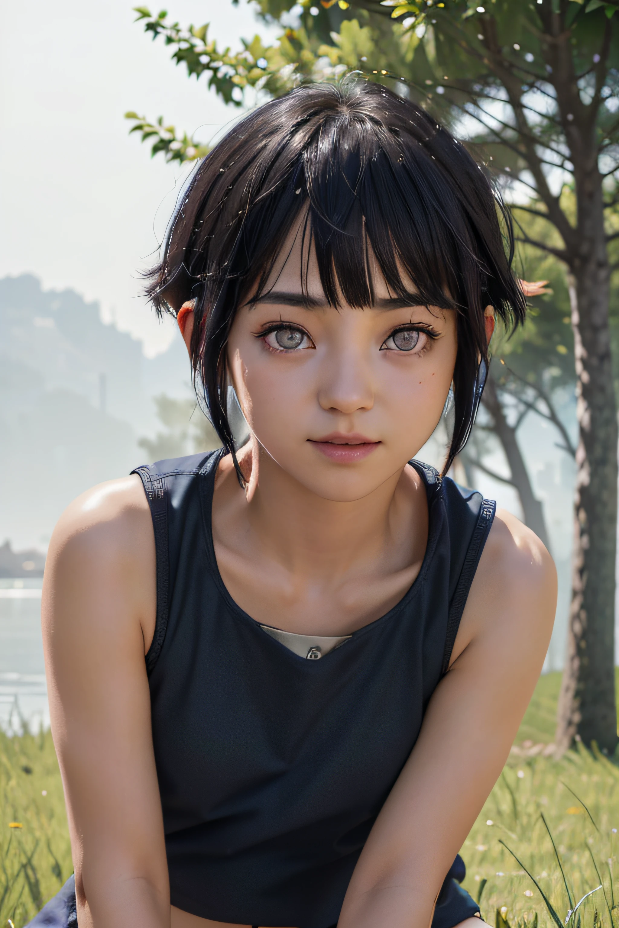 masterpiece, best quality, (realistic, photo-realistic:1.4), (RAW photo:1.2), extremely detailed CG unity 8k wallpaper, delicate and beautiful, amazing, finely detail, official art, absurdres, incredibly absurdres, huge filesize, ultra-detailed, extremely detailed, extremely detailed girl, extremely detailed eyes and face, light on face,little smile,hinata hyuuga,(blunt bangs:1.2),short hair,(dark blue hair:1.25),tank top,panties,(teen girl:1.7),close up,grass field,