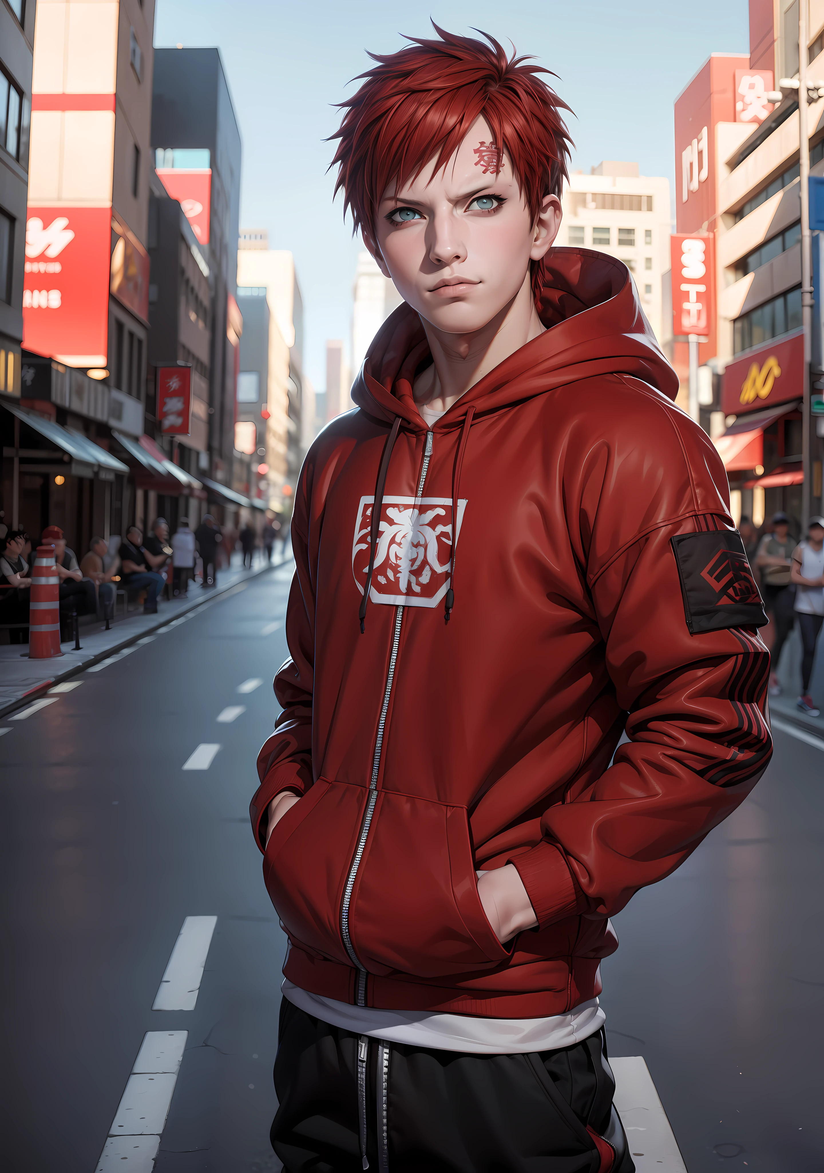 masterpiece, ultra-detailed, 1boy, male focus, upper body shot, Gaara wearing Streetwear Hoodie, red hair, look at viewer, happy face, Hands in pockets, vibrant colors, cityscape background, dinamic lighting, highly detailed face, stylish, urban style, cool attitude, bokeh, blurry background,