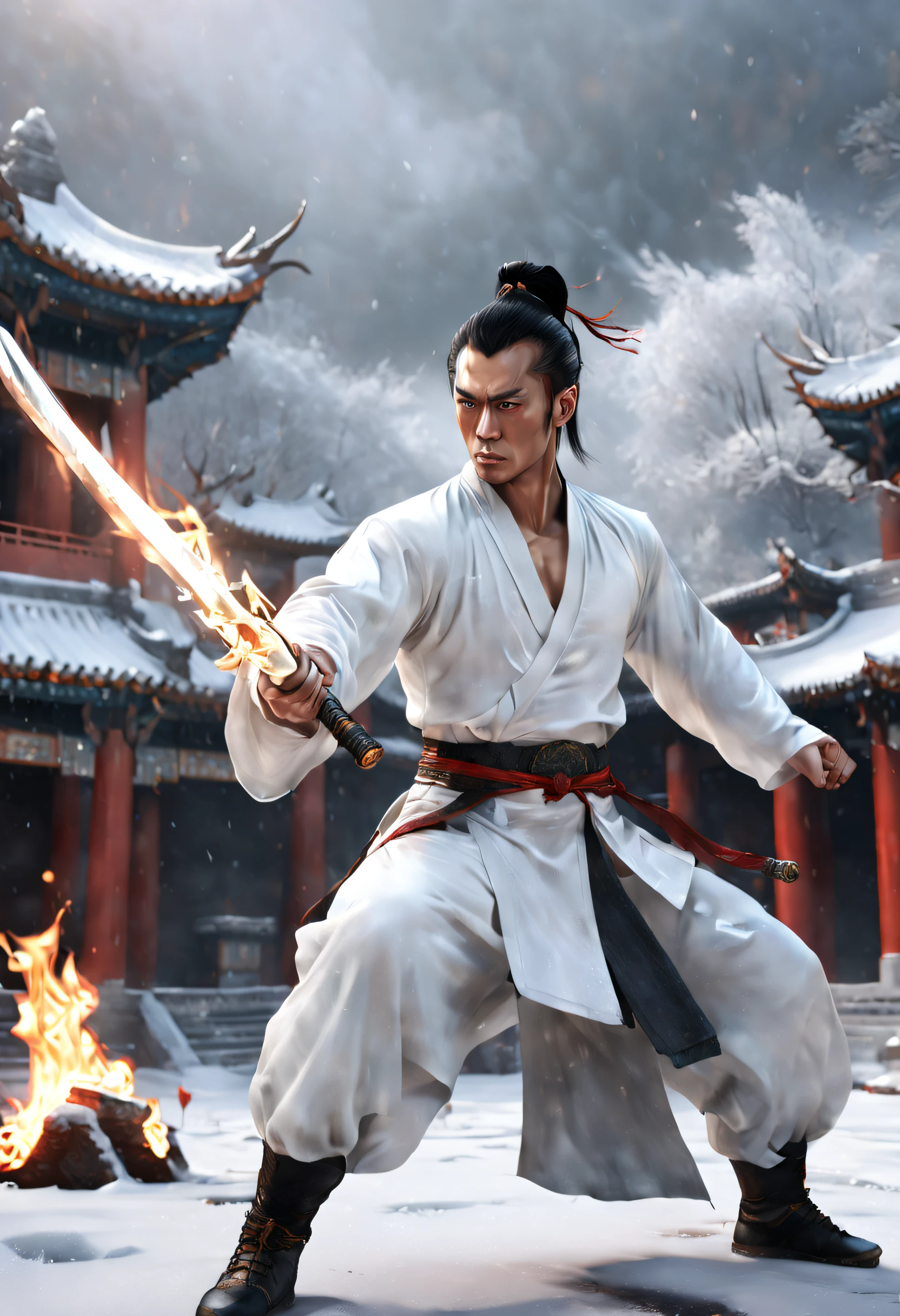 Chinese martial arts male，sword fighting，Chinese Ancient Architecture，white  clothes，Tall，Huge muscles，Hands holding a sword，Place it directly in front of you，There is flame on the sword，Background of a snowy scene，verism style，8K，Hyper Real，ultra - detailed、unreal 5 render，A high resolution，Clear and handsome face