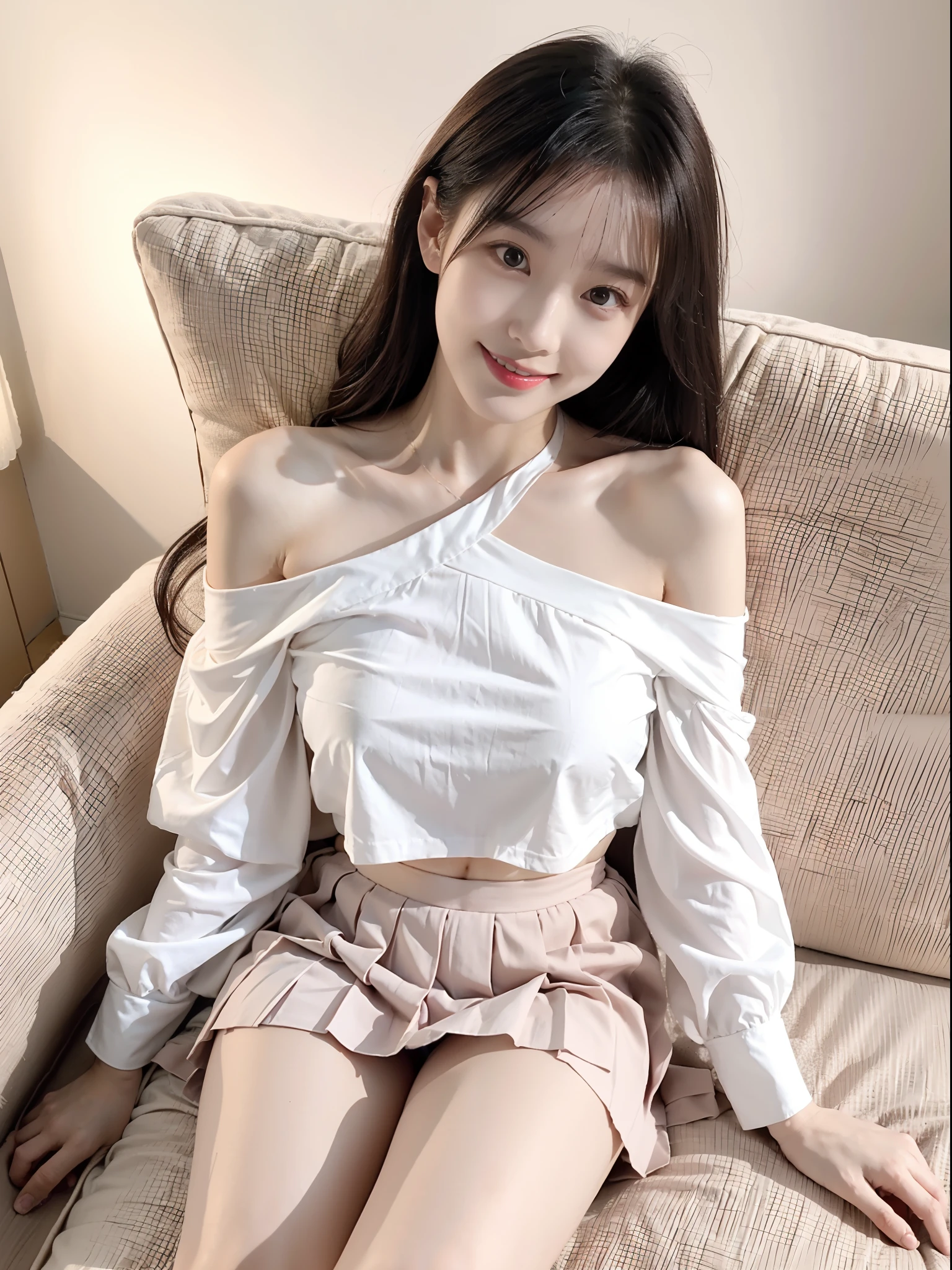 (full body), (from above), 1girl,Lie down on a comfortable couch,crossed legs,Soft light, off shoulder clothes, White color blouse, cropped shoulders, Pink pleated skirt, 20yr old,Korean model, slender leg, evil grin smile,Evil expression, warm lights, a warm color palette