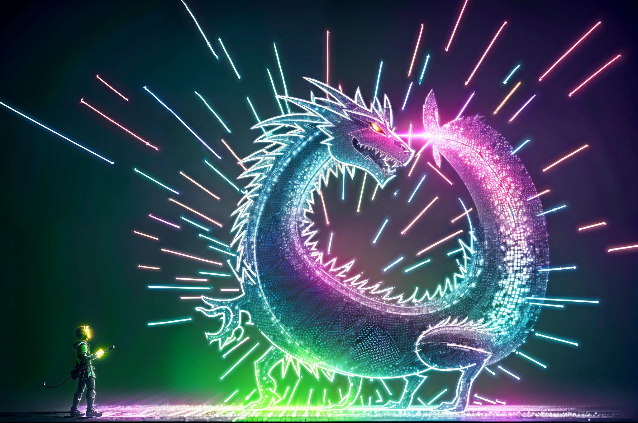 A cute dragon  immersed in a Matrix-like digital environment, featuring cascading binary codes and [green : red] glitch effects, strong contrast between light and dark