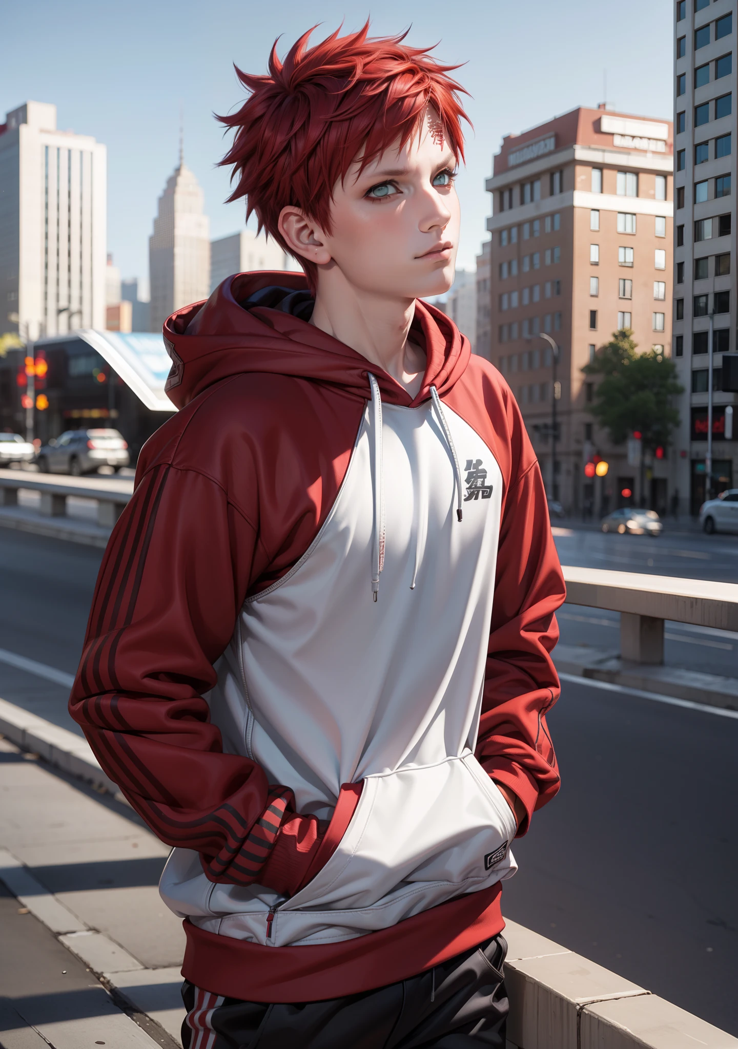 masterpiece, ultra-detailed, 1boy, male focus, upper body shot, Gaara wearing Streetwear Hoodie, red hair, look at viewer, happy face, vibrant colors, cityscape background, dinamic lighting, highly detailed face, stylish, urban style, cool attitude, bokeh, blurry background,