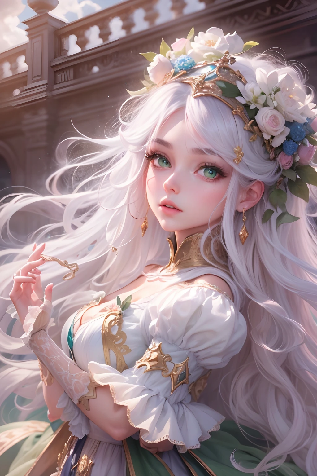High quality, highly detailed CG unity 8k wallpaper beautiful girl, green eyes, oil painting, fantasy rococo gown, long white hair, dreamy, fluff, cloud
