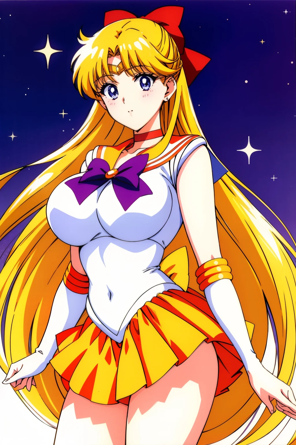 top-quality、masterpiece、Sailor Senshi Uniform、Anime Aunt、A MILF、aino minako、sailorvenus、Orange Choker、Golden Choker、bow、Very long blonde woman、Blue-eyed woman、white glove、elbowgloves、Orange skirt、Golden skirt、rating:safe、solo、magical girl、Orange sailor collar、Golden sailor collar、purple bowtie、red_bow、back_bow、jewelry、hair_bow、耳Nipple Ring、Woman with very large breasts、huge tit、circlet、a miniskirt、pleatedskirt、Half Up Hair、purple_bow、cowboy_shot、looking_at_viewer、White leotard、highleg leotard、robe blanche、nigh sky、Woman standing、shiny、bare legs、Bare shoulders、(1990's\(styles\):0.9)、