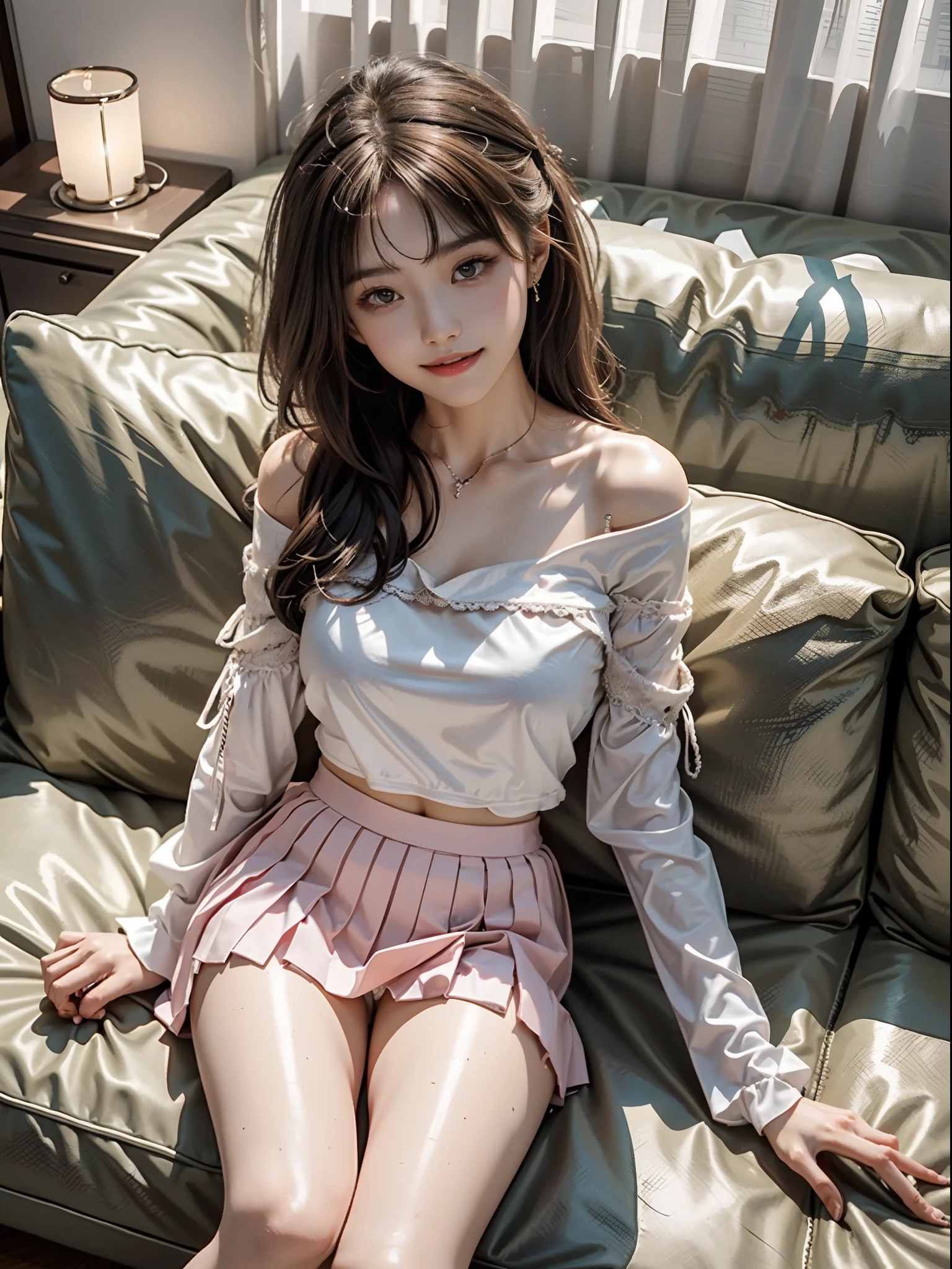 (full body), (from above), 1girl,Lie down on a comfortable couch,crossed legs,Soft light, off shoulder clothes, White color blouse, cropped shoulders, Pink pleated skirt, 20yr old，Korean model, slender leg, evil grin smile，Evil expression, warm lights, a warm color palette