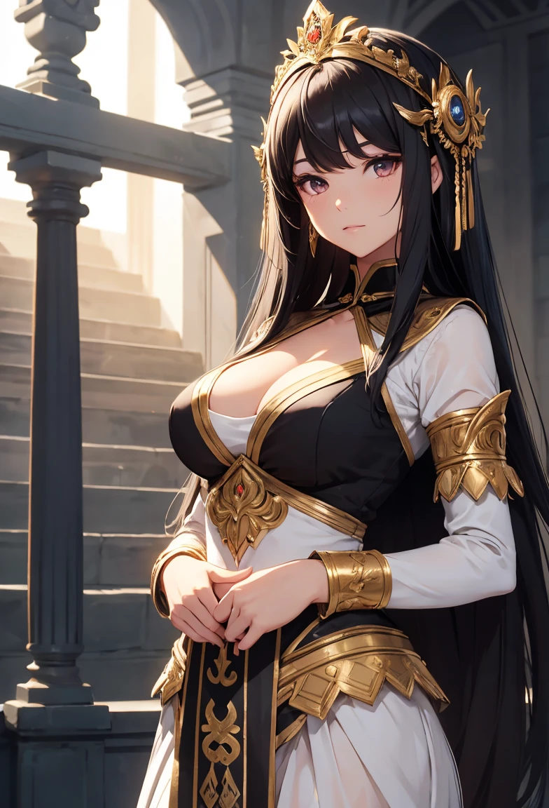 1girl in,goddes，Venus，delicate and beautiful face,Medium long black hair，flowy，full breast，Convex buttocks，Roman skirt，Perfectly proportioned, Detailed clothing details,temple，arena，Wonderland，Cinematic lighting, film grains, Fujicolor, light and darkcontrast, 8K, ​masterpiece, Textured skin, Super Detail, high detal, High quality, hight resolution,