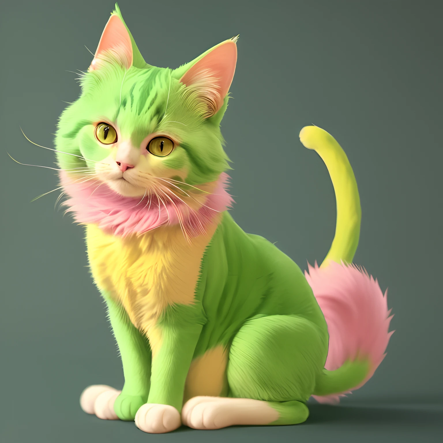 A pink and green and yellow cat fursona