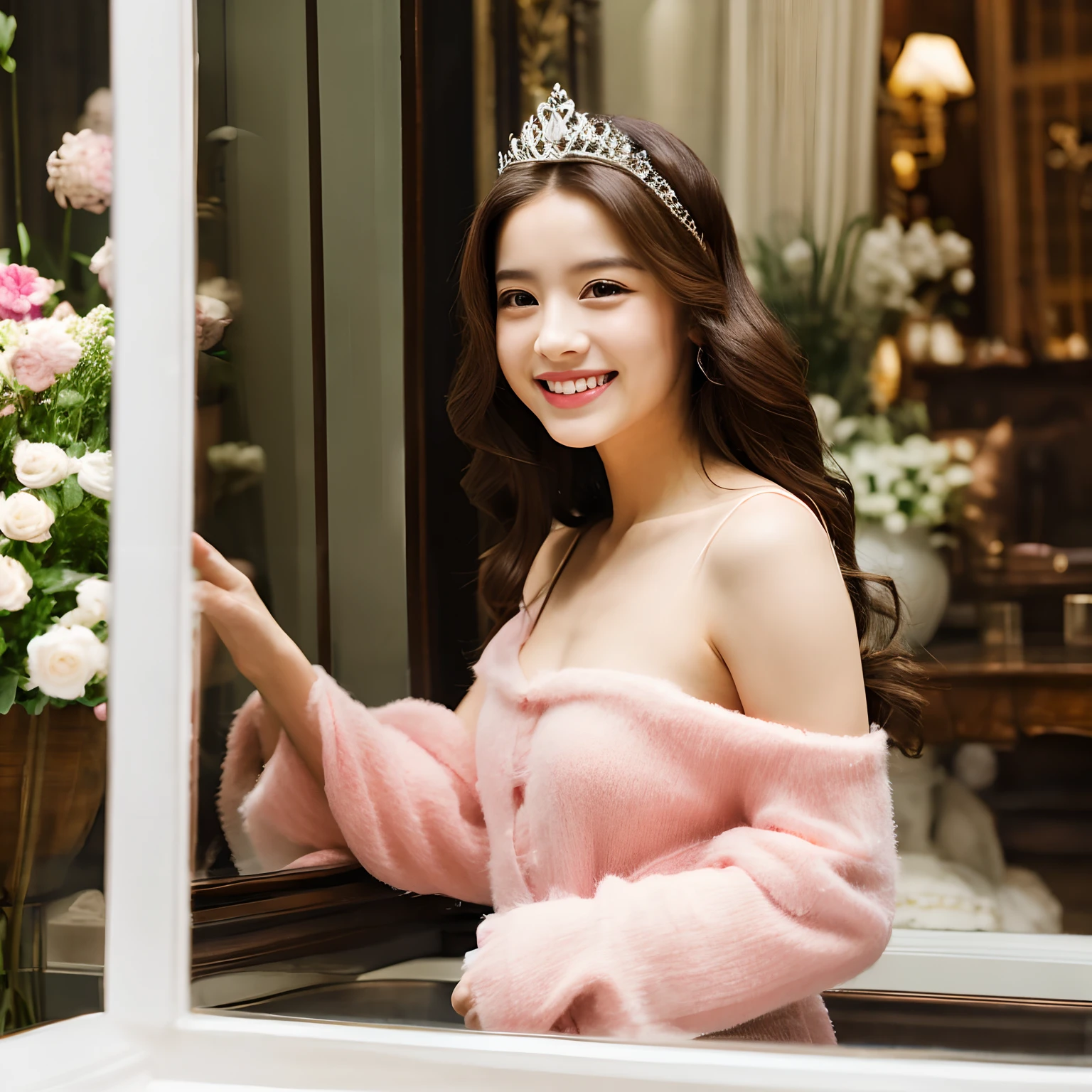 princess pink cute aristocratic gorgeous smile happy mirror front fluffy flower