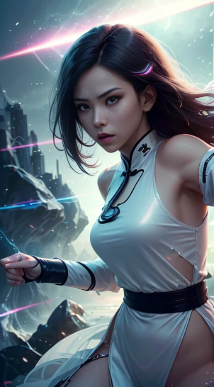 Futuristic kung fu girl，futuristic urban background，full bodyesbian，Chinese Kung Fu，Sharp eyes，Clear facial features，She wears a long white Hanfu dress，Silk tunic，The body is surrounded by purple mist，Runes surround you，Martial arts action，Holographic reality，holographic halo，dynamic blur，Game lighting effects，rim-light，Soft light，cinematic rim light，The light is delicate，Beautiful martial arts, Science-fi digital art illustration, The art of digital kung fu, science fiction digital painting, futuristic digital painting, futuristic concept art, in front of a sci fi cityscape, science fiction digital art, Advanced digital cyberpunk art, Fantastic kung fu woman