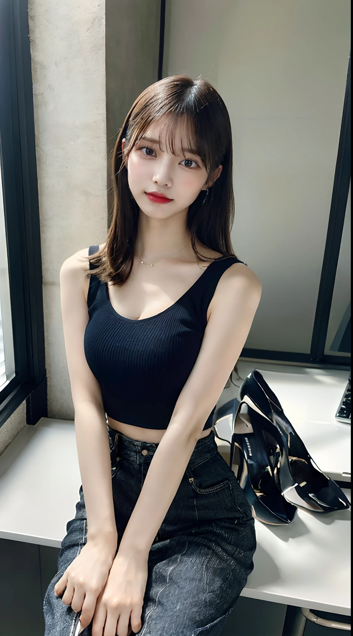 ((Best quality, 8k, Masterpiece :1.3)), Sharp focus:1.2, Perfect Body Beauty:1.4, Slim Abs:1.2, ((Layered hairstyle, Big breasts:1.2)), (Tank top shirt:1.1 ), (Street:1.2), Highly detailed face and skin texture, Fine eyes, Double eyelids, Seduction, short skirt, flight attendant, long brown hair, office chair, hip skirt, Big breasts do not leak points, high-definition facial features, 8K