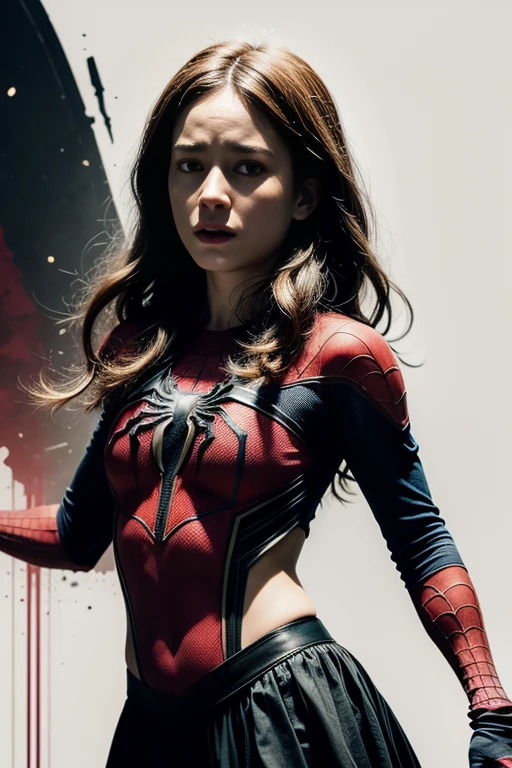 Brie Larson、Sticking out the navel、newyork、She wears a torn Spider-Man suit,wearing skirt、 Red and black color scheme,Dynamic、masterpiece、top-quality、ultra-detailliert、ighly detailed、beautiful detailed brilliance、超A high resolution