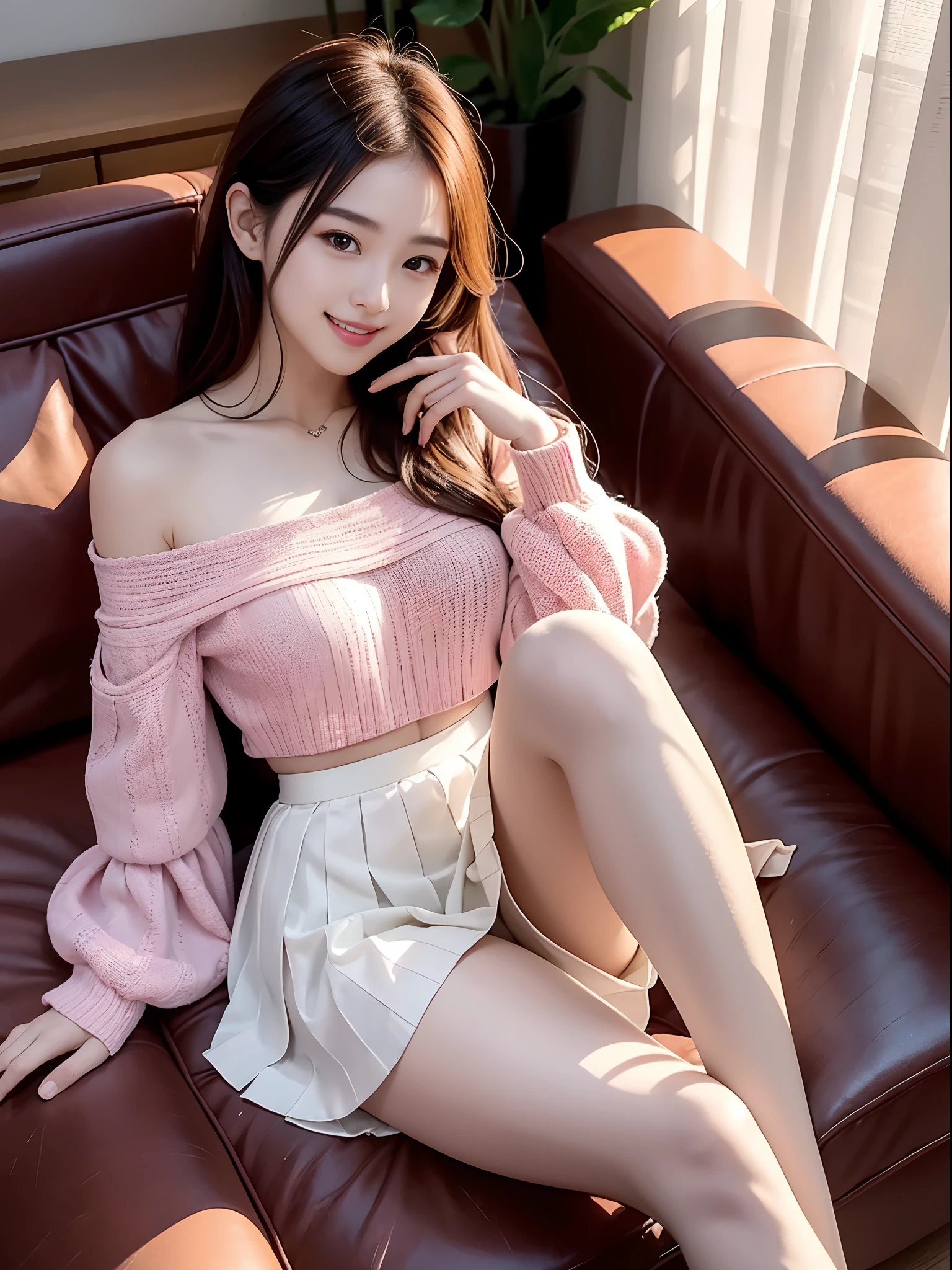 (full body), (from above), 1girl,Lie down on a comfortable couch,crossed legs,Soft light, off shoulder clothes, White color blouse, cropped shoulders, Pink pleated skirt, 20yr old，Korean model, slender leg, evil grin smile，Evil expression, warm lights, a warm color palette