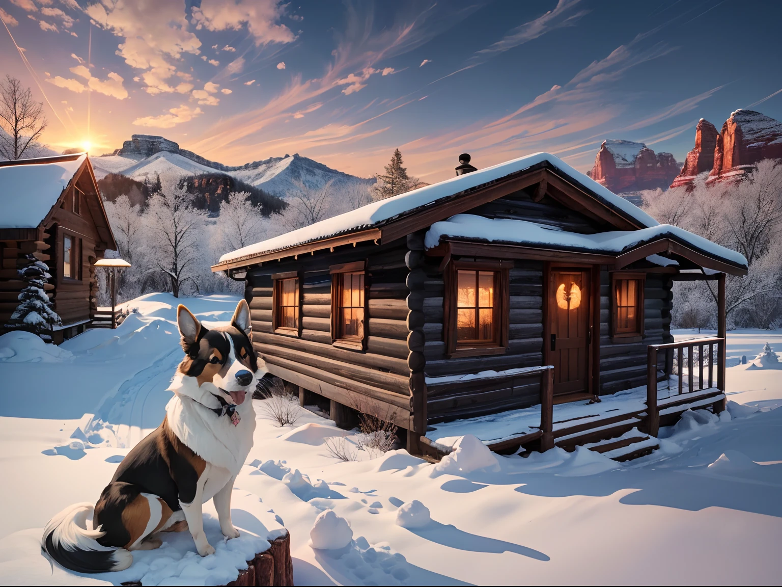 A picture of a gymnast standing next to a blue and white Piper Cherokee airplane that is parked next to a log cabin in the mountains of Sedona, Arizona with a black and white Miniature Sheltie in the background on top of the tallest mountain, closeup, cinematic, realism, crystal clear, micro-details, cinematic light, highres, imagination, (realistic), clear skies, composition, sunset, (hdr:1.0), outdoors, intricate details, deep shadows, glowing interior