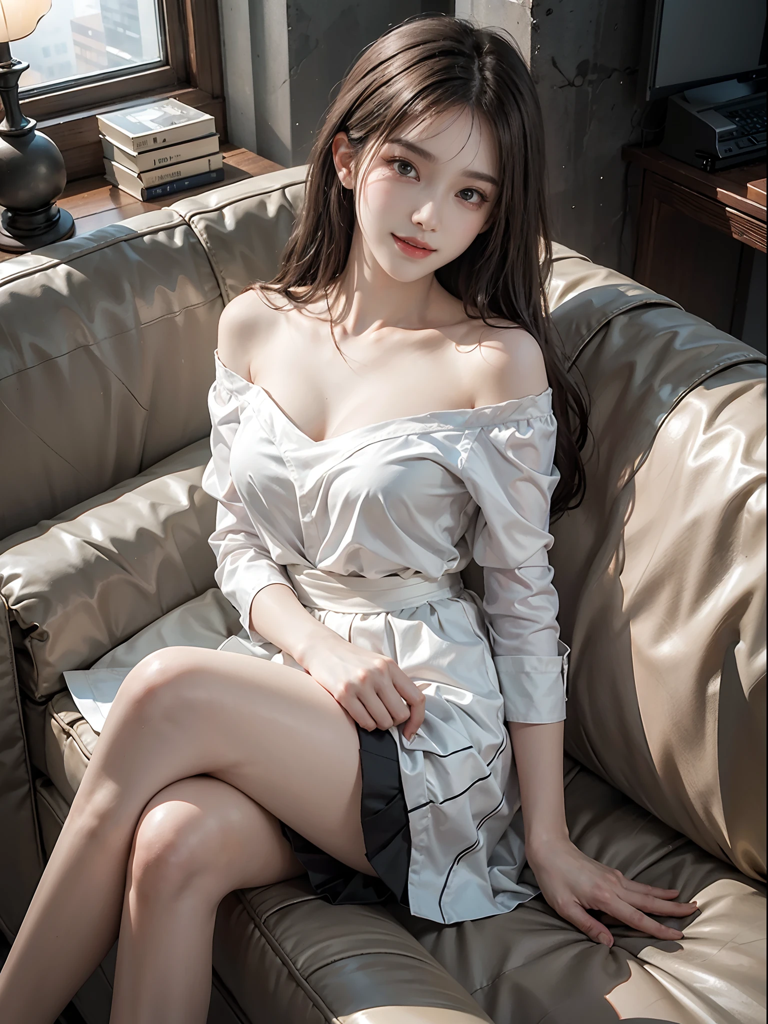 (hyperrealistic), (illustration), (high resolution), (8K), (extremely detailed), (best illustration), (beautiful detailed eyes), (best quality), (super detailed), (masterpiece), (wallpaper), (detailed face), solo, (dynamic pose), 1 girl, white wavy hair on the chair, korean, heterochromic eyes, small moles under the eyes, ((short apron)), medium breasts, long legs, tightens abs, (camel toes), (no panties), (no bra)