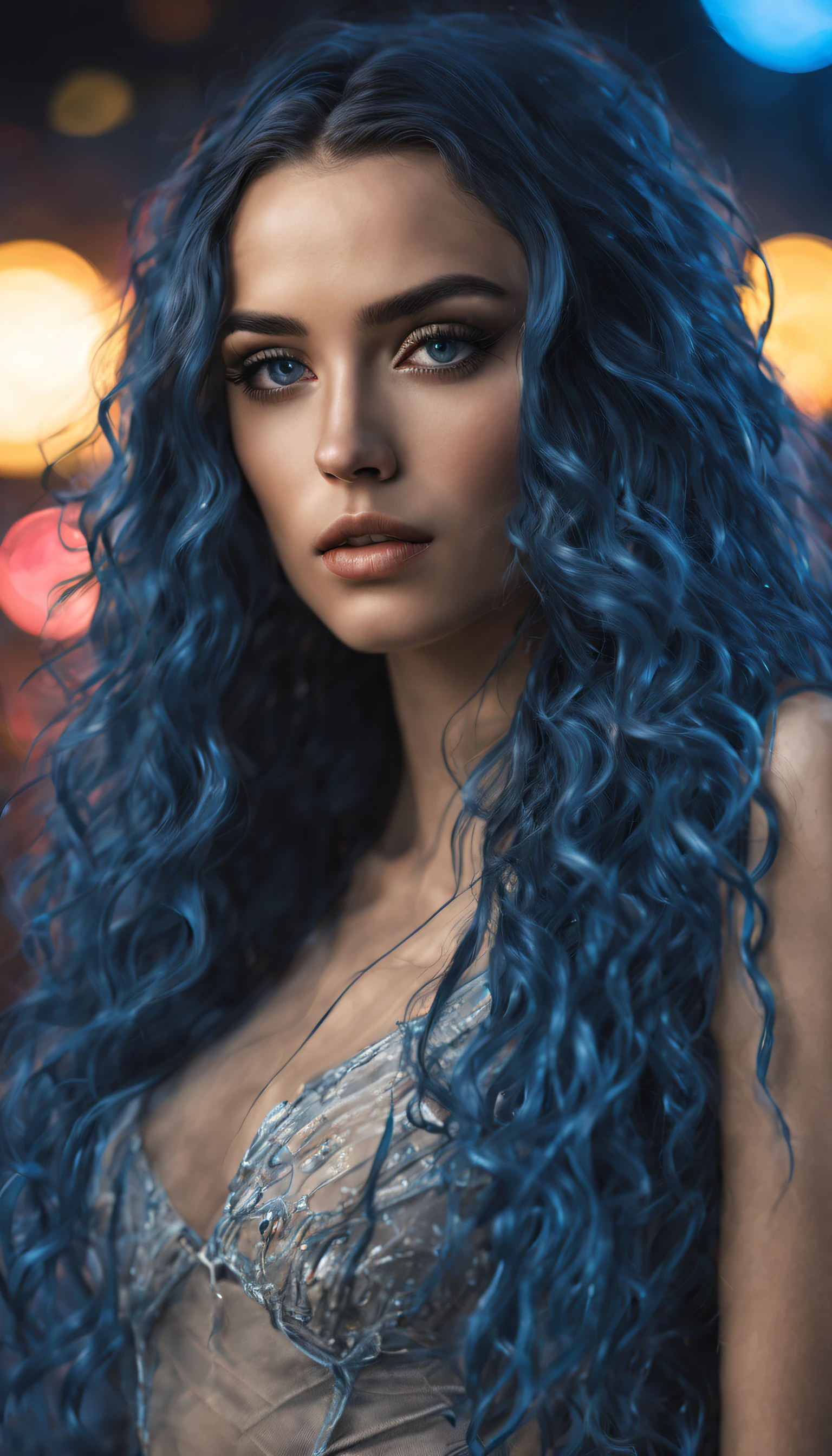 Hyper realistic professional mid body portrait, (1girl:1.1)one stunningly beautiful young shining long blue haired, long curly hair, hyper detailed and perfect, intense detailed eyes, perfect face, dark makeup ultra detailed, extemly detalled and perfect face, face, cinematic photo neon sign,, neon lights, sunset, reflective puddles, scifi,85mm photograph, film, bokeh, professional, 4k, highly detailed