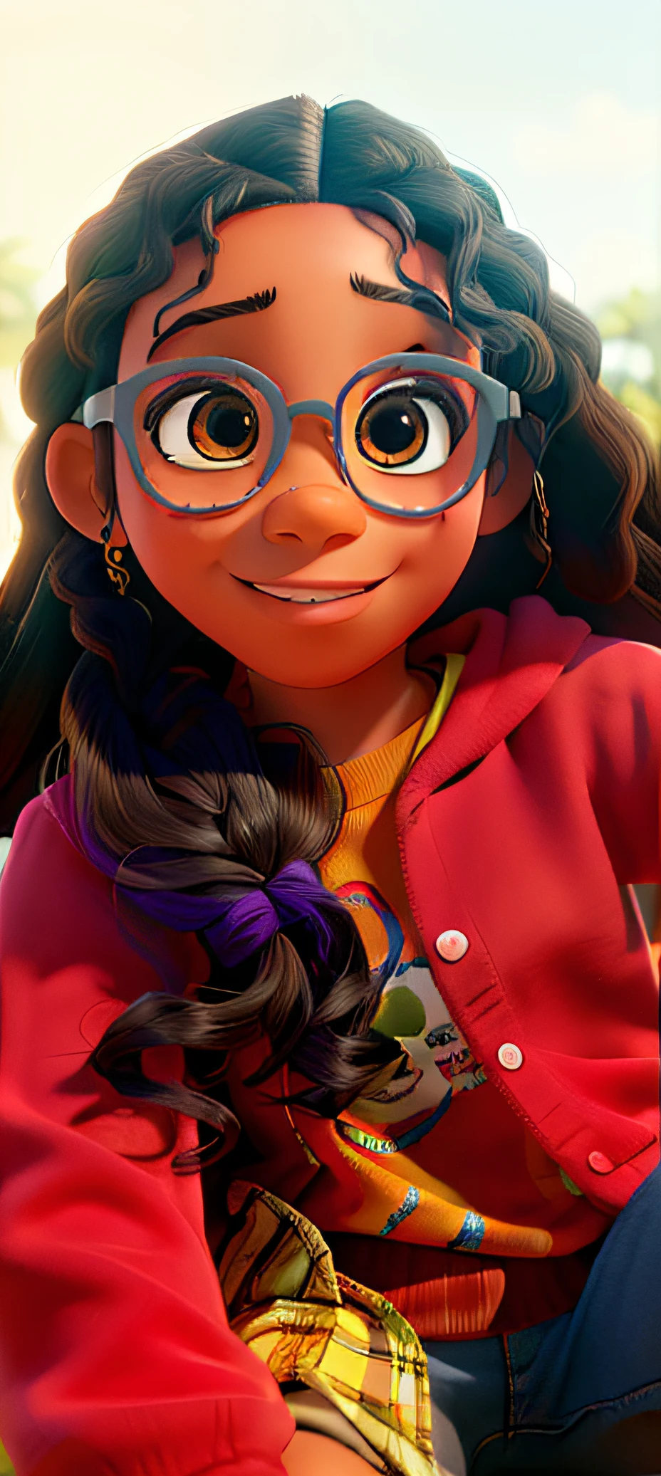 A 3D movie poster in Disney-Pixar style of a nine-year-old girl with brown skin, long curly brown hair with two braids, wearing lilac glasses, denim shorts, a colorful t-shirt, and black sneakers, sitting in the park playing with a white and brown cat, and a black and brown dog, on a sunny day, with birds flying, flowers, and trees.