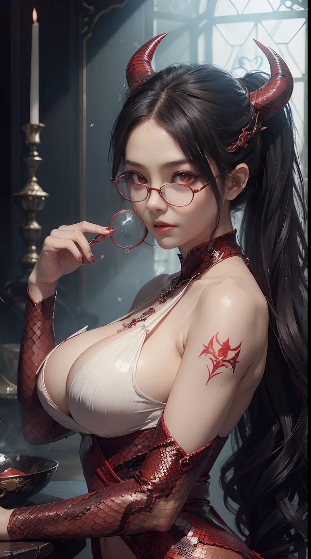 Fine、(The best illustrations)、8k UHD resolution、intricate-detail、top-quality、realisitic、ultra-detailliert、The best lighting、Best Shadows、Soft lighting、Ulutra HD、Ultra-realistic、Tindall Effect、Photorealsitic、(High Detail Skins:1.2)、 (Intricate details, makeup, pureerosface_v1:0.5), (Detailed beautiful delicate face, Detailed beautiful delicate eyes, A perfectly proportioned face, High detailed skin, Detailed skin, best ratio four finger and one thumb, arms below breasts, Tattoo with a red glow under the stomach、Awesome awesome, wide hips, smooth midriff, skiny and thin, __Fashion__, __hair__:1.25)、Digital SLR、 absurderes、1 beautiful devil woman from hell, surreal female portraits by David Hockney and Alphonse Mucha, Portrait of a seductive woman、Fantasy Art, Chinese Doll、Chinese actress、Dungeon、The dragon、Devil's Palace、Devil's Torture Chamber、natta、Dark style 、In the Dark、(Detailed spooky backgrounds:0.8), magia、 1人、Evil Nun、Dark Necromancer、Succubus、Devil's Daughter、Umi Shinonome、Bat Wings，(((Demon Horns)))、 ((((Huge glasses, Otaku Glasses, thick glasses, Round glasses)))),(((Colossal tits)))、(Devil's Tail)、(red eyes glowing:1.6)、red eyes make up very sharp and detailed, The eyes are very well made up, ((Red Eye:1.0)),intricate tattoos, demonic intricate tattoos, thigh tattoos, body tattoos, ​masterpiece、The most beautiful face、a baby face、Charming smile、plump beautiful red lips、Muscular seductive body、The enchanting body of the devil、devil style、Seductive Black Magic Costume、(((A shiny red snake is wrapped around her body)))、The long-haired、Braids、Black hair、Ponytail distortion、, Ponytail with a bow tied at the back of the hair, Beautiful expression、Body Up、Large breasts emphasis、Bust,  Super tight breasts, Breast augmentation surgery, The breasts are very big and round and round,Toned waist、Wide buttocks、 lowkey, cowboy lens, (Black Phoenix Dress: 1.0),  devil crown,  Red sparkling gemstone necklace、Jewelry Gwise,  wearing black mesh socks,Wear light red、nffsw, nffsw, Meet beautiful girls, Look at the girl's body,