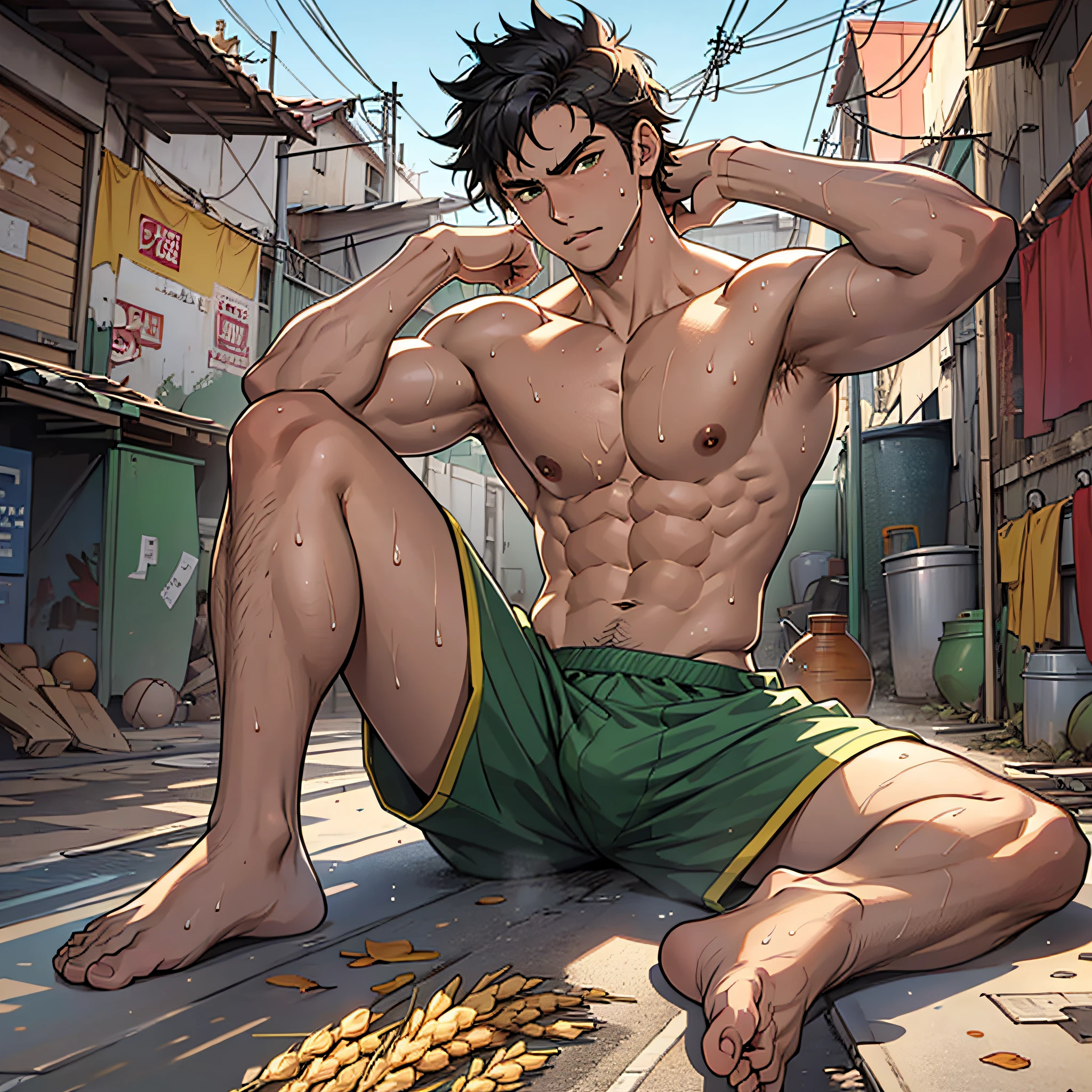 Hispanic adolescent male, (Teenage uncensored), (teenaged), hispanic, Latino, Big eyes, Male, Shaved, Short hair, (Barefoot), Natural light, Wet body, Wheat-colored skin, 1人, Wearing green basketball shorts, Sitting, (Expose his feet), (Foot focus), Sweat, Sweaty, Pout, Pouting, (Raised Legs), (A sole), Low angle, Full portrait, favela, favela, Perfect feet, Topless, Shirtless, backyard, yaoi, anime, Line art, arms behind  head, Feet on the table