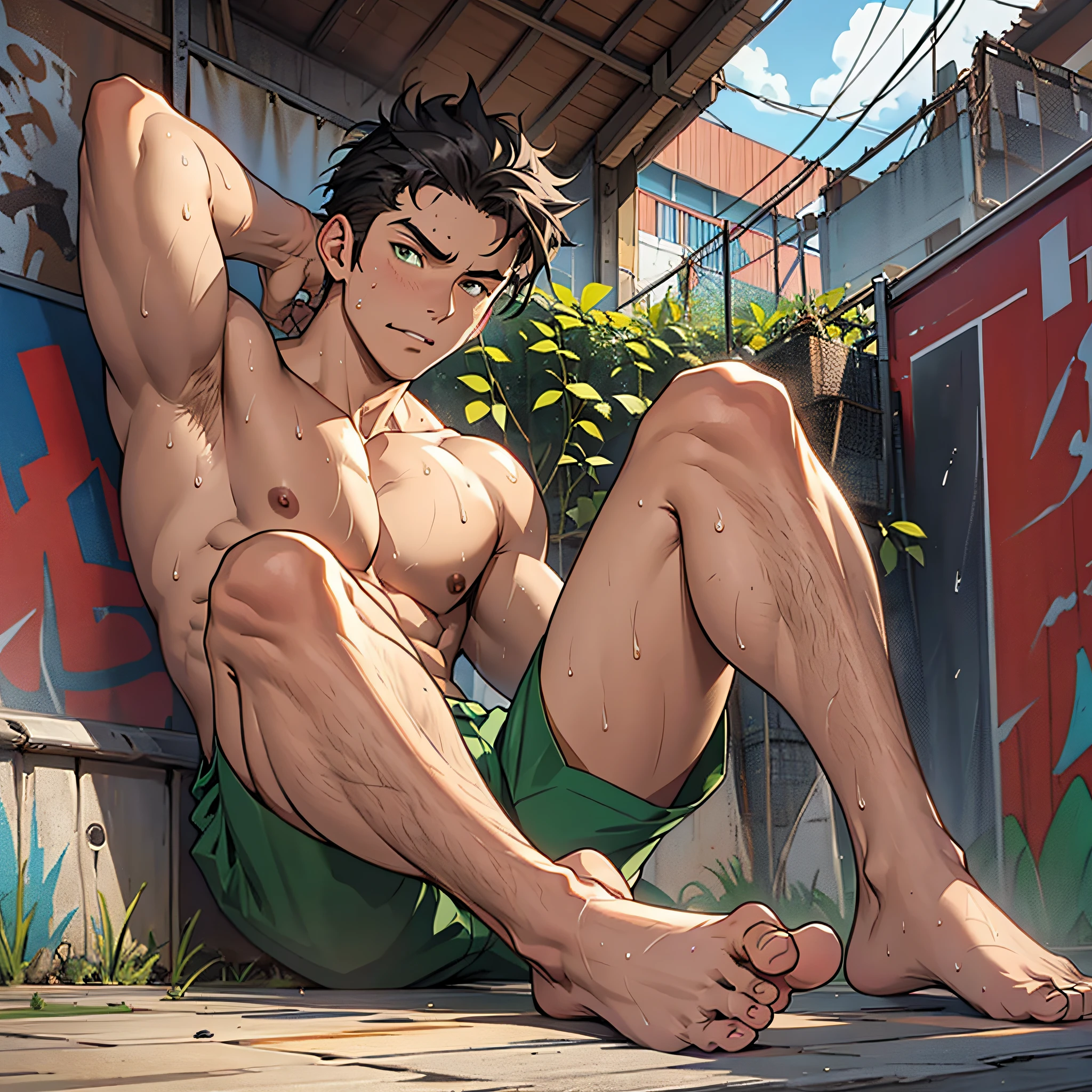 Hispanic adolescent male, (Teenage uncensored), (teenaged), hispanic, Latino, Big eyes, Male, Shaved, Short hair, (Barefoot), Natural light, Wet body, Wheat-colored skin, 1人, Wearing green basketball shorts, Sitting, (Expose his feet), (Foot focus), Sweat, Sweaty, Pout, Pouting, (Raised Legs), (A sole), Low angle, Full portrait, favela, favela, Perfect feet, Topless, Shirtless, backyard, yaoi, anime, Line art, arms behind  head, Feet on the table