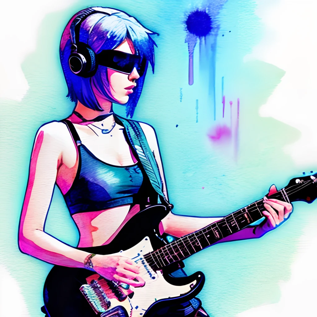 guitar,cyber punk,very watercolor,beautifully woman,Pixel art