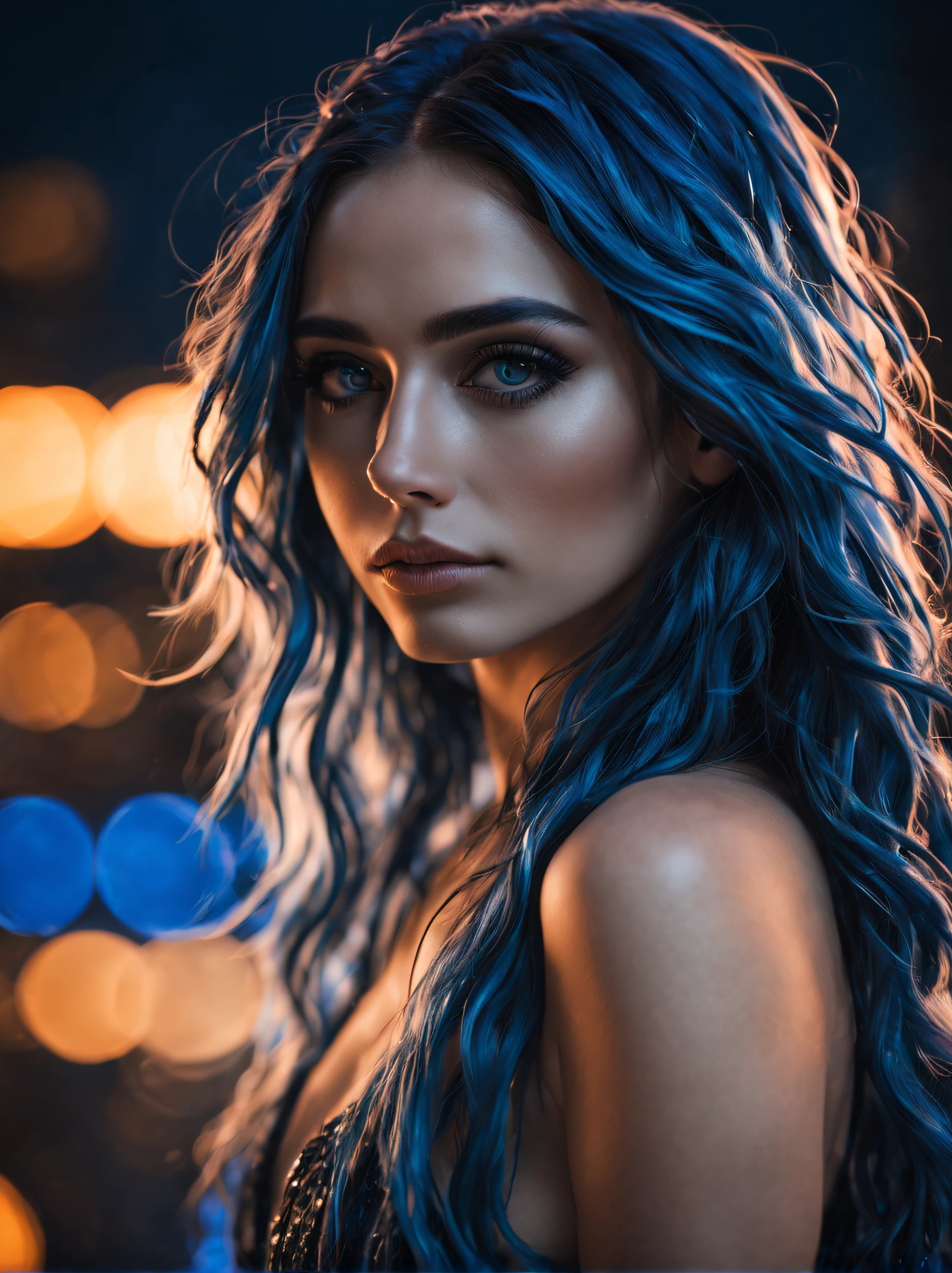 Hyper realistic professional mid body portrait, (1girl:1.1)one stunningly beautiful young shining long blue haired, long curly hair, hyper detailed and perfect, intense detailed eyes, perfect face, dark makeup ultra detailed, extemly detalled and perfect face, face, cinematic photo neon sign,, neon lights, sunset, reflective puddles, scifi,85mm photograph, film, bokeh, professional, 4k, highly detailed