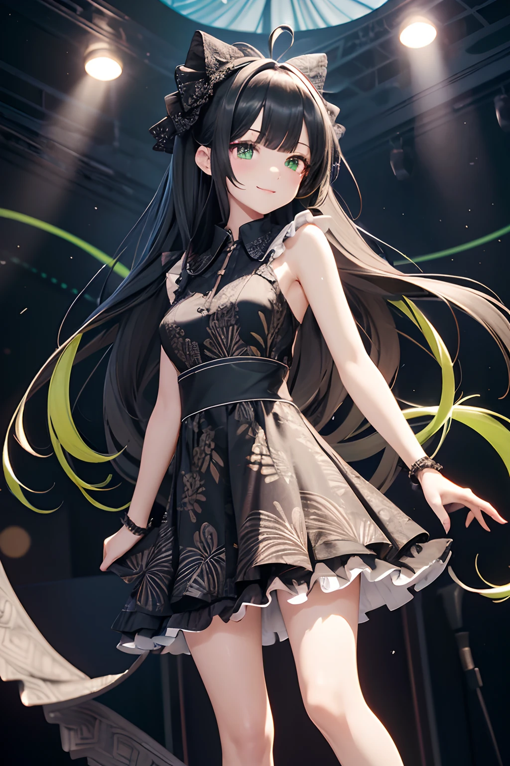 (chibi:1.0),(masterpiece, best quality), 1girl, standing, slightly lean forward, skirt lift, full body. BREAK girl, 16 yo, (neat girl:1.3), (black long hair,antenna hair, colored inner green, split color), green eyes, (round eyes:1.2), (middle breasts,3d rendering:1.21), smile, (deformed:1.0). BREAK, (jet-black Batik delicate platinum decoration, tucked ruffle black lace dress:1.33), green tie, white hair ribbon,[AMD's corporate color:999,stage light,spot light].