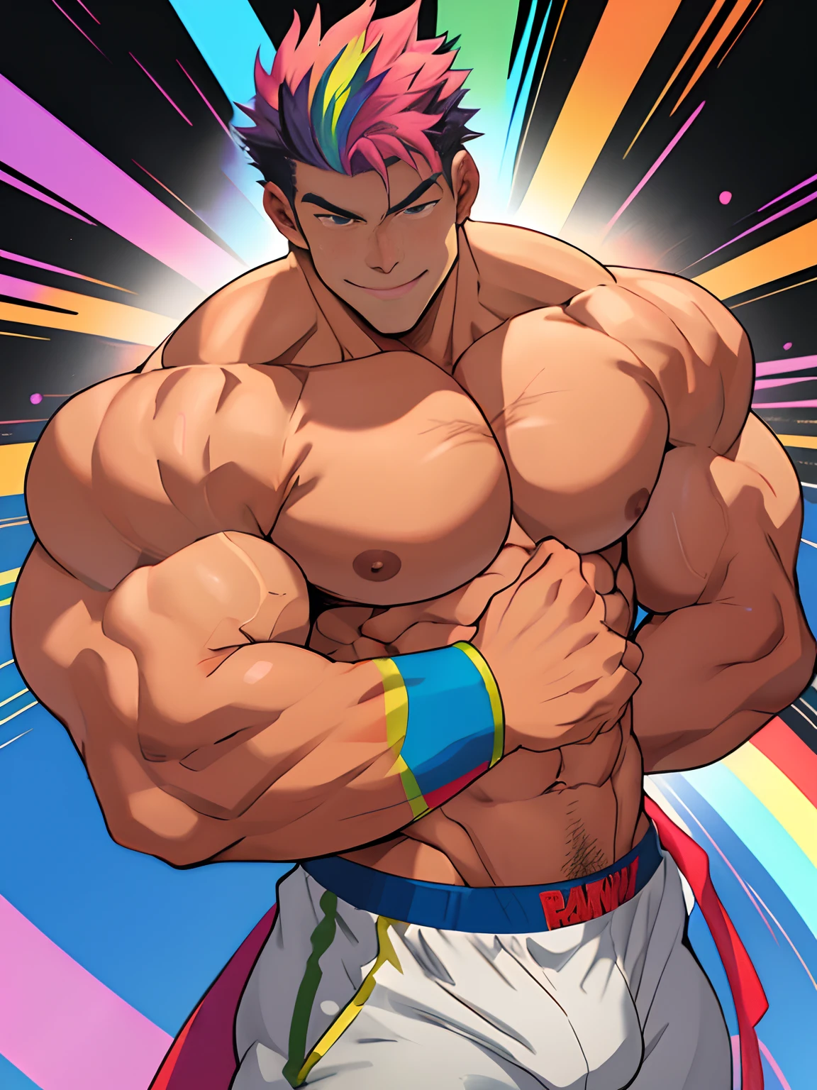 (anime style art) extremely masculine muscular character, bodybuilder, huge bulge, sexy, smirk, erotic, 8 pack abs, 1boy,adult,solo, masterpiece, best quality,4k, Main, rainbow hair, superhero, shirtless, dancing, Ado "show"giant, wide arms, triple
