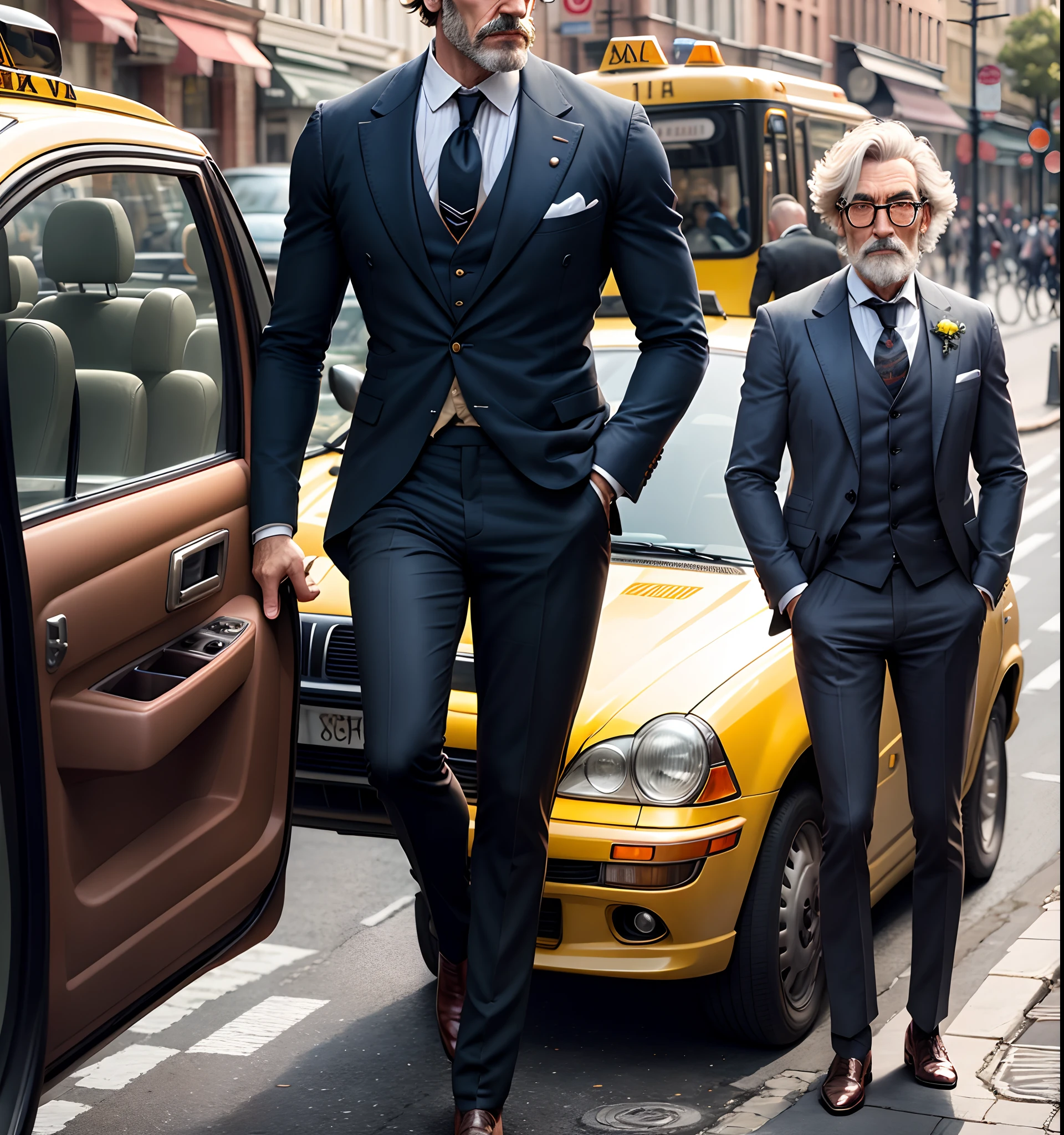 Ape in a Victorian suit suit hanging out of a taxi in the style of Eric Powell