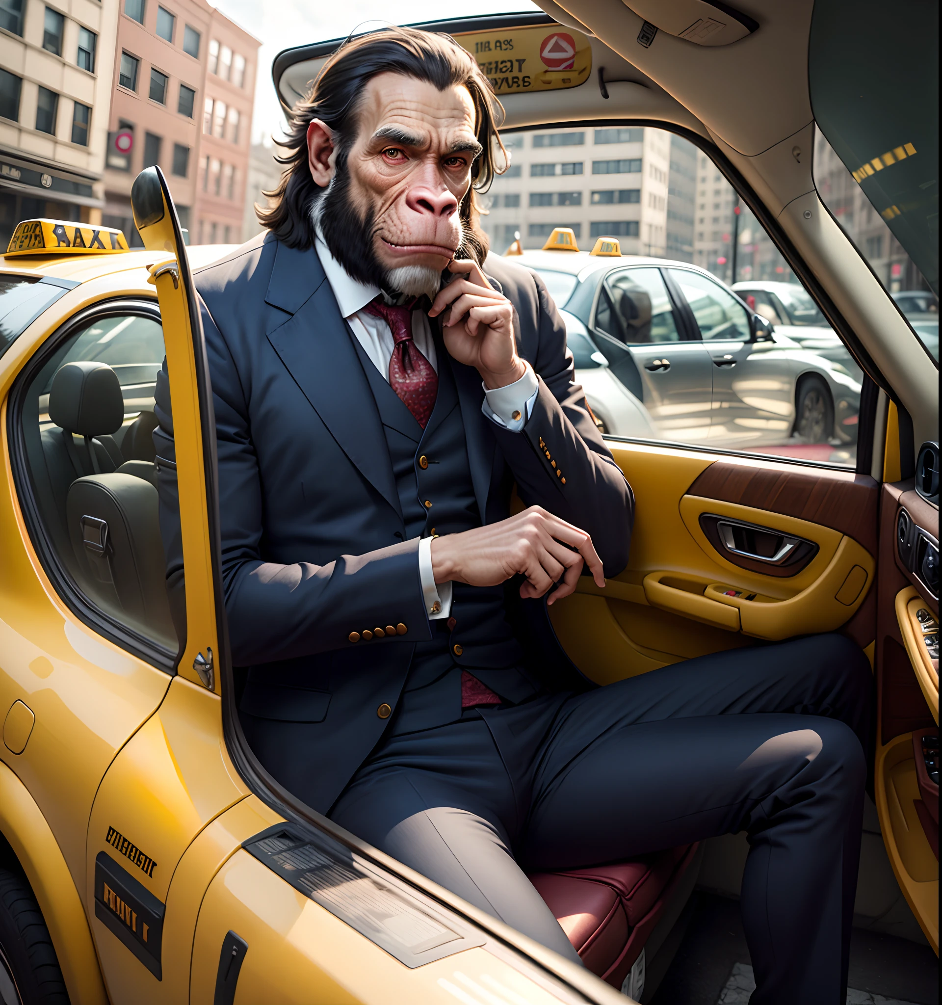 Ape in a Victorian suit suit hanging out of a taxi in the style of Eric Powell
