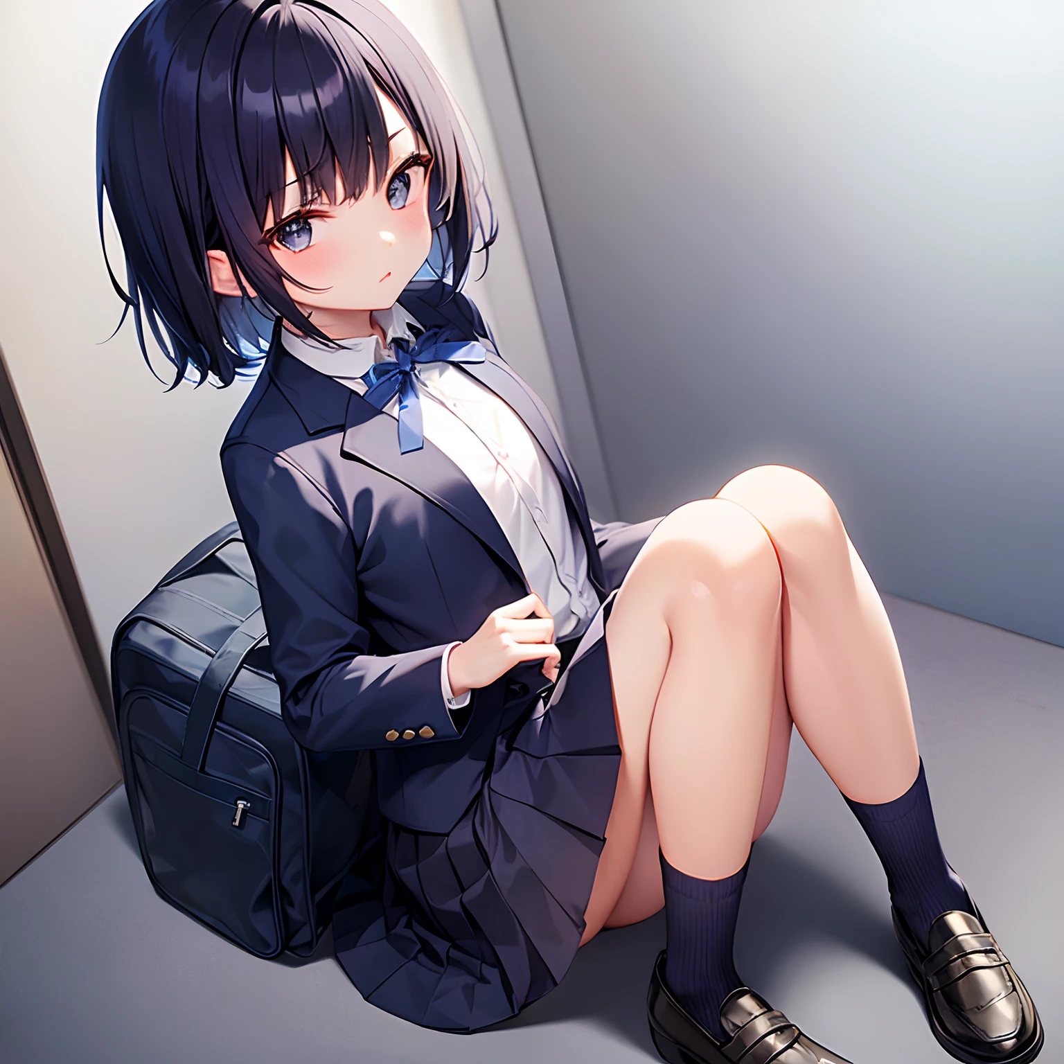 1 girl in、japanes、18year old、Navy blue blazer、White shirt、Blue ribbon、short pleated skirt of dark blue color,、Dark blue high socks、Black loafers、Black School Bag、Chin-length short hair、A dark-haired、Light bangs、boyish、Hanging、Single eyelid、Lowered eyebrows、Skinny、Tall、Smaller chest