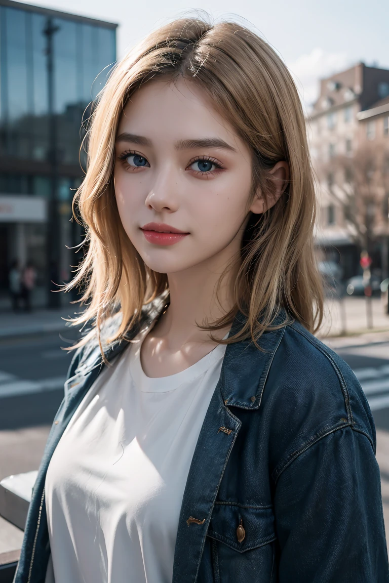 top-quality、超A high resolution、(8K、RAW photography、Photorealsitic:1.4)、white skinned、Real human skin、(Detailed eyes)、oval-face、1 rapariga、MuCoi、(gentle, Goddess-like smile:1.3)、(blissful:1.2)、(Gloss on lips、eyeslashes、gloss face)、Beautiful blonde、oversized jacket、Stylish shirt、Cityscape、Wide range of lighting、naturalshadow