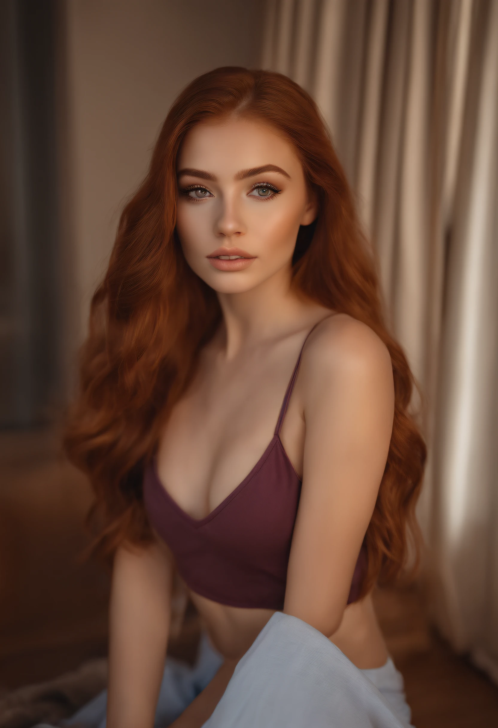 arafed woman fully , ???? girl with brown eyes, ultra realistic, meticulously detailed, portrait sophie mudd, As ginger hair and large eyes, selfie of a young woman, dubai eyes, violet myers, without makeup, natural makeup, looking directly at the camera, face with artgram, subtle makeup, stunning full body shot kneeling on bed, in bedroom, medium to large size bust