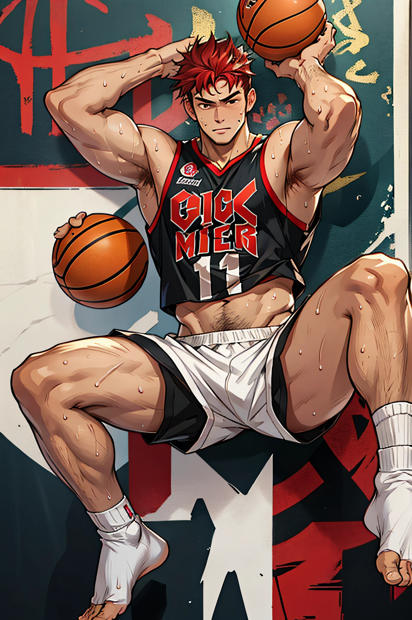 Male, Masculine, Hirsute, Red hair, European, flex, Pale skin, Sweat, basketball player, Hold a basketball, full bodyesbian, Barefoot, big feet, White socks, Playing basketball, Solo, 1 man, Jumps,