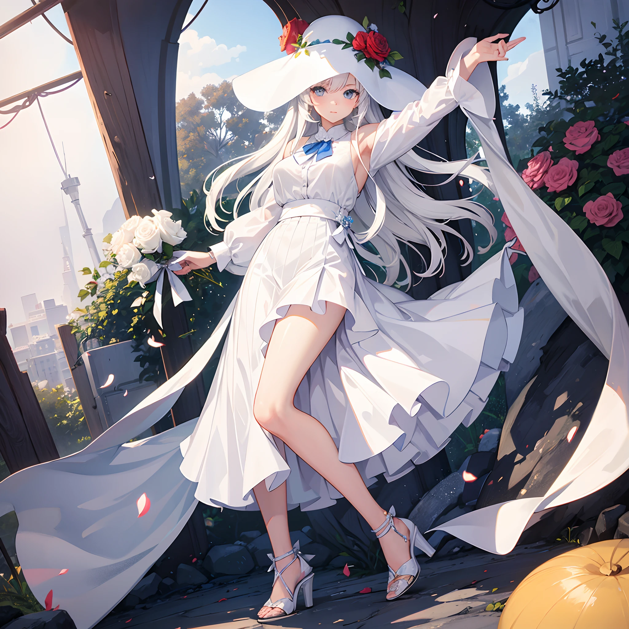 Full body view of a mature woman with long white hair, red eyes and white horns, with seductive expression,Wearing casual clothes with a big neckline, throwing her hair in the wind