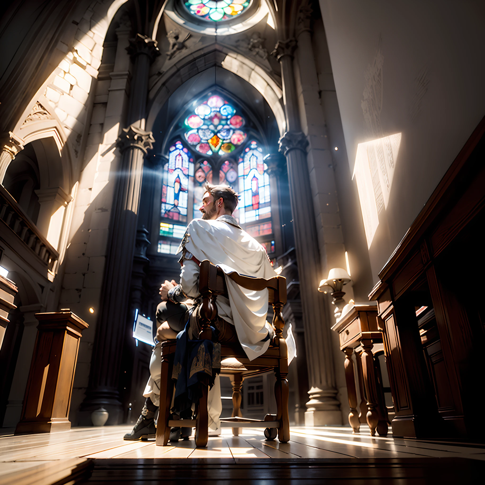 Archives of Medieval Europe　Spacious and high ceilings　Back view of a man sitting on a chair　Light coming in from stained glass