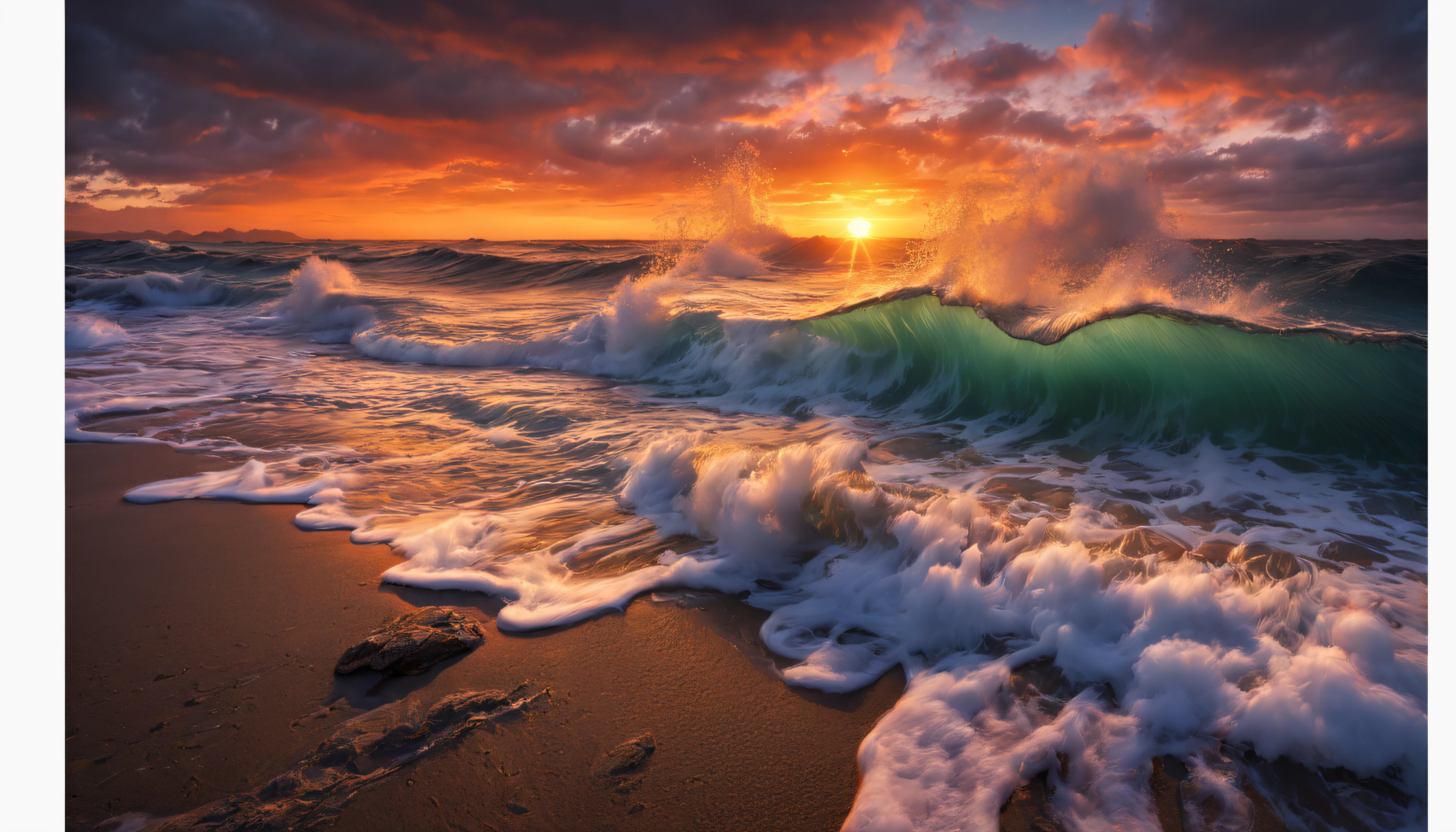 arafed view of a sunset over the ocean with waves crashing, chaotic sea setting, vibrant sunrise, breathtaking colors, breathtaking look, vibrant sunset, breathtaking composition, beautiful sea landscapes, stunning sunset, magnificent background, sunset glow, beautiful background, beautiful dreamy breathtaking, marc adamus, warm beautiful scene, epic sunset, beautiful sunset, beautiful sunset glow, beautiful ocean