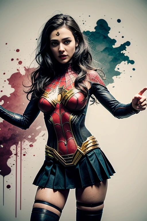 Gal Gadot、Sticking out the navel、newyork、She wears a torn Spider-Man suit,wearing skirt、 Red and black color scheme,Dynamic、​masterpiece、top-quality、ultra-detailliert、ighly detailed、beautiful detailed brilliance、超A high resolution