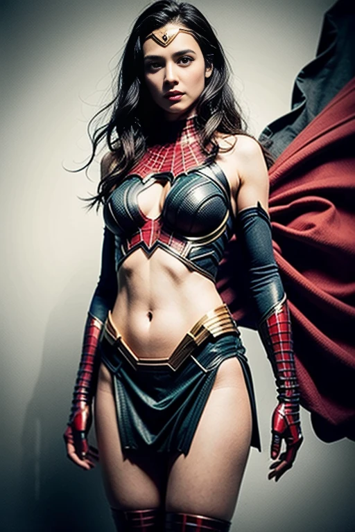 Gal Gadot、Sticking out the navel、newyork、She wears a torn Spider-Man suit,wearing skirt、 Red and black color scheme,Dynamic、​masterpiece、top-quality、ultra-detailliert、ighly detailed、beautiful detailed brilliance、超A high resolution
