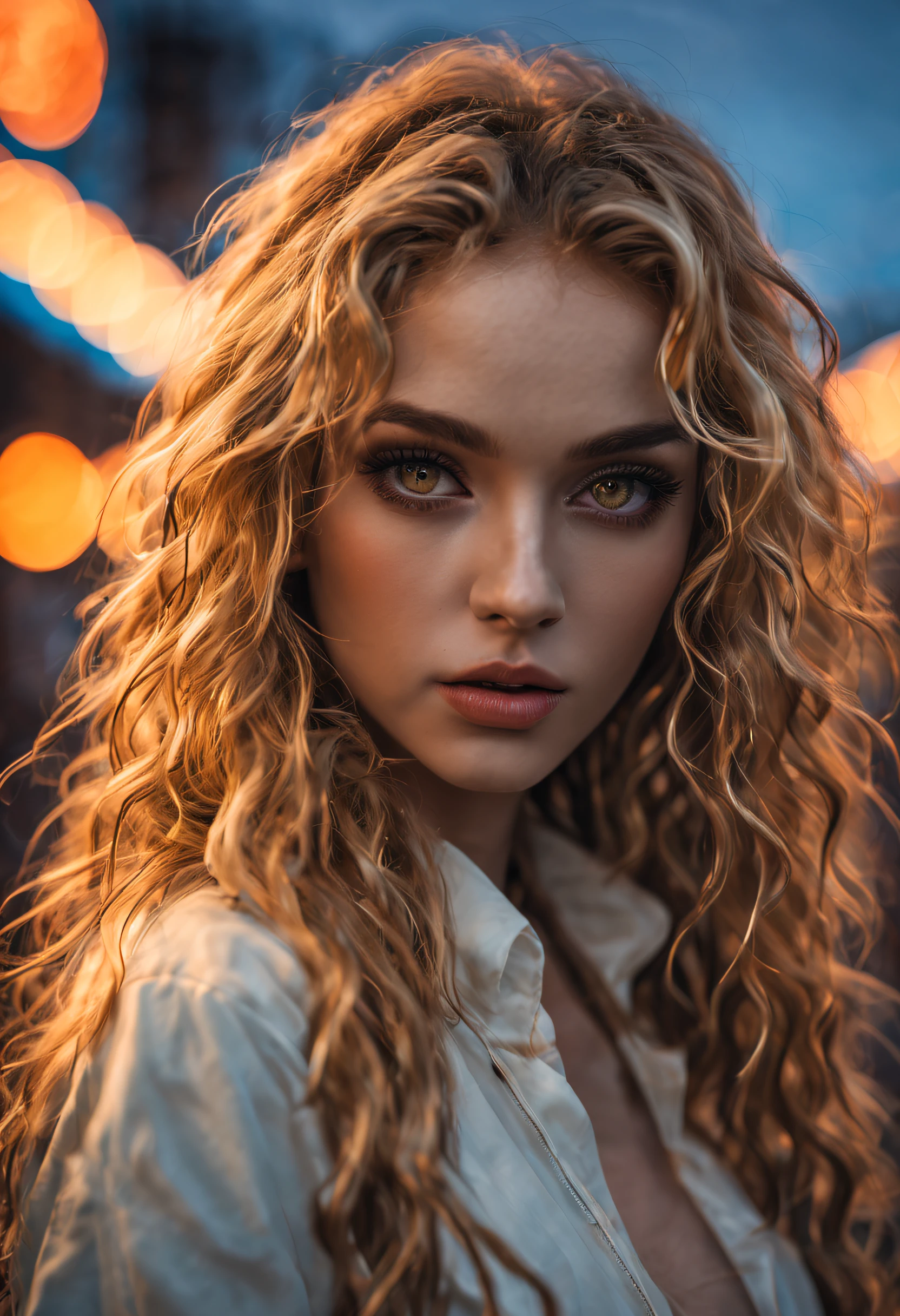 Hyper realistic professional mid body portrait, (1girl:1.1)one stunningly beautiful young shining long yelow haired, long curly hair, hyper detailed and perfect, intense detailed eyes, perfect face, dark makeup ultra detailed, extemly detalled and perfect face, face, cinematic photo neon sign,, neon lights, sunset, reflective puddles, scifi,85mm photograph, film, bokeh, professional, 4k, highly detailed