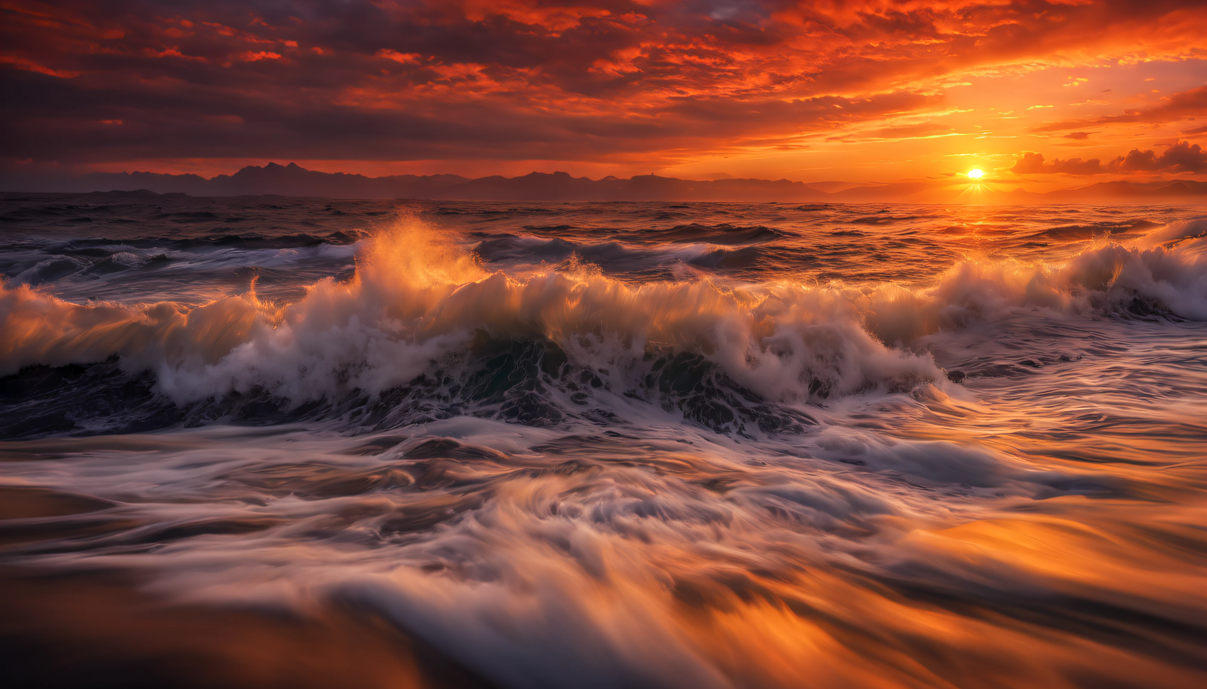 arafed view of a sunset over the ocean with waves crashing, chaotic sea setting, vibrant sunrise, breathtaking colors, breathtaking look, vibrant sunset, breathtaking composition, beautiful sea landscapes, stunning sunset, magnificent background, sunset glow, beautiful background, beautiful dreamy breathtaking, marc adamus, warm beautiful scene, epic sunset, beautiful sunset, beautiful sunset glow, beautiful ocean