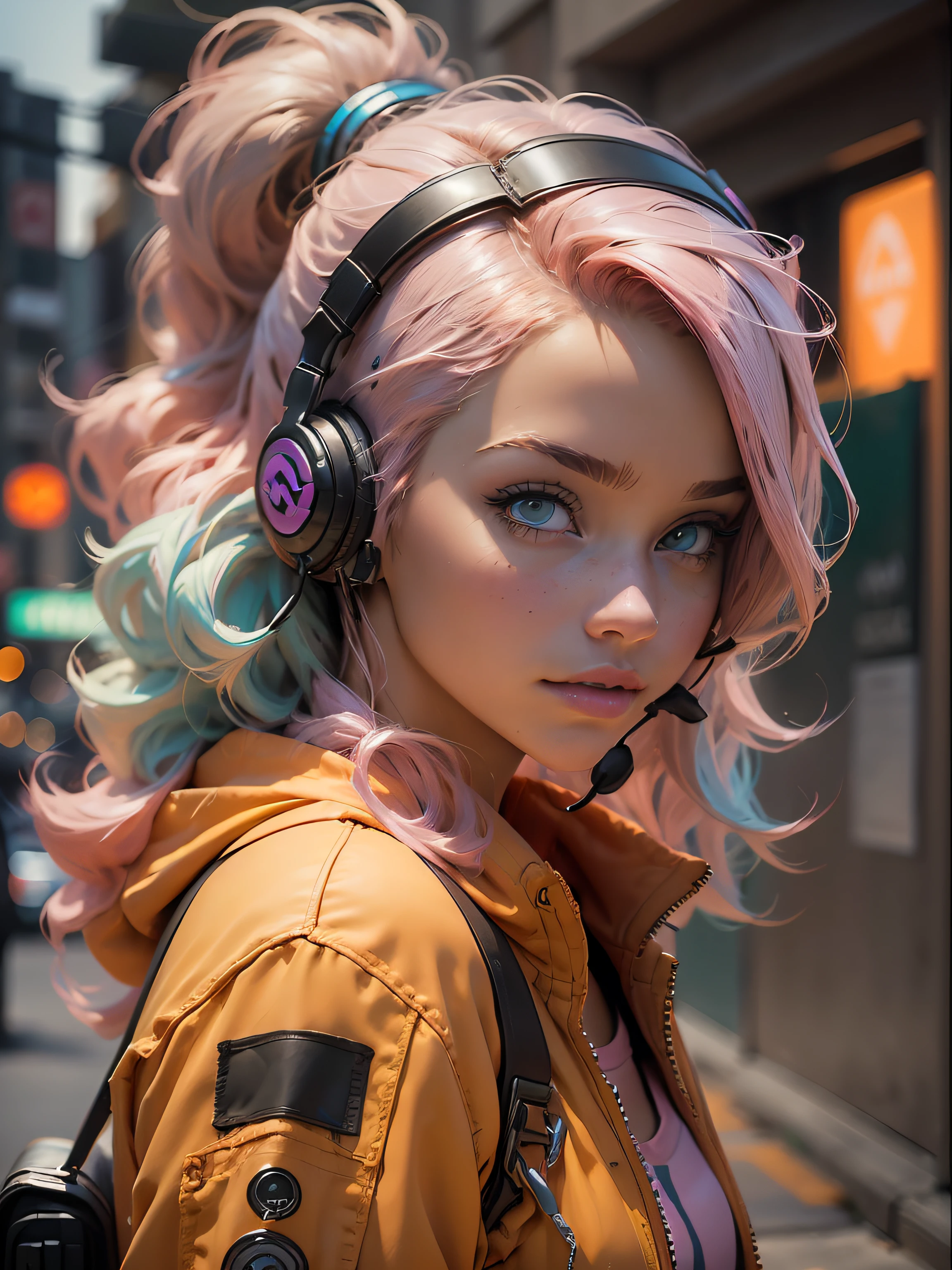 ((Best quality)), ((masterpiece)), ((realistic)) and ultra-detailed photography of a 1nerdy girl with neon headphones. She has ((pink hair)), is wearing an orange techwear jacket, and exudes a ((beautiful and aesthetic)) vibe.