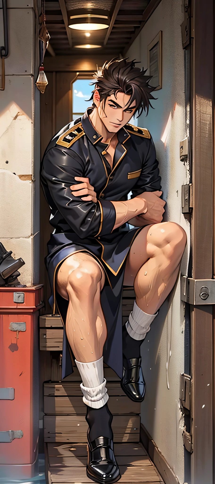 Masterpiece, Best quality, face, Natural eyes, 1人, European, big feet, (No shoes), in suit, leather shoes, Black socks, full bodyesbian, Naked, A naked male,  mature handsome male, large bulge, Long legs, view the viewer, 30 years old, Navy uniform, musculous，mature, short detailed hair, Mature sailors weaving naval uniforms sitting on the deck of a ship, Wet body, Wet clothing, White fluid on the body, Hot, full of sweat, Flush, Steaming,  Erection of the, Huge