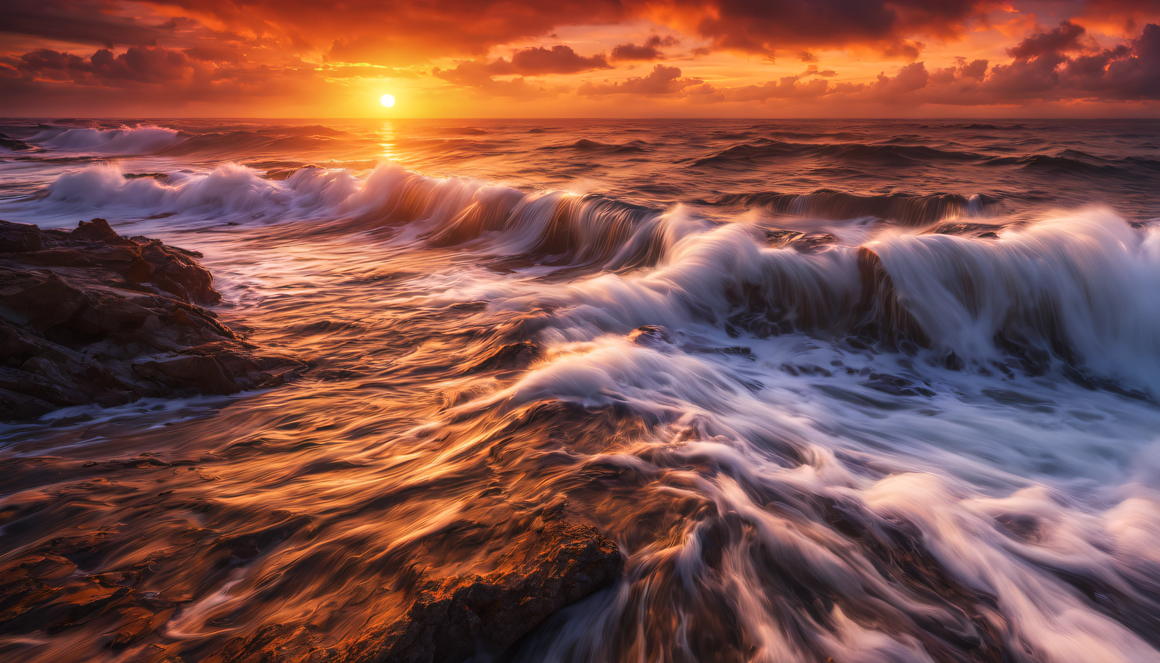 arafed view of a sunset over the ocean with waves crashing, chaotic sea setting, vibrant sunrise, breathtaking colors, breathtaking look, vibrant sunset, breathtaking composition, beautiful sea landscapes, stunning sunset, magnificent background, sunset glow, beautiful background, beautiful dreamy breathtaking, marc adamus, warm beautiful scene, epic sunset, beautiful sunset, beautiful sunset glow, beautiful ocean