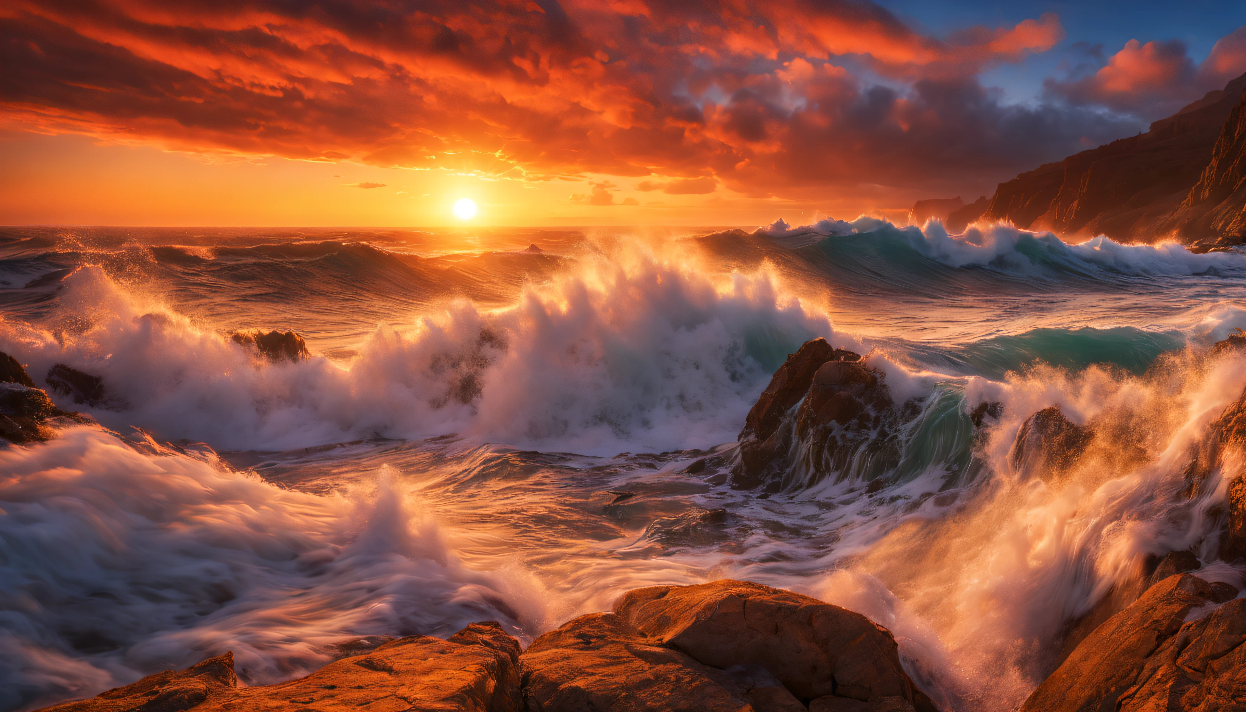 arafed view of a sunset over the ocean with waves crashing, chaotic sea setting, vibrant sunrise, breathtaking colors, breathtaking look, vibrant sunset, breathtaking composition, beautiful sea landscapes, stunning sunset, magnificent background, sunset glow, beautiful background, beautiful dreamy breathtaking, marc adamus, warm beautiful scene, epic sunset, beautiful sunset, beautiful sunset glow, beautiful ocean