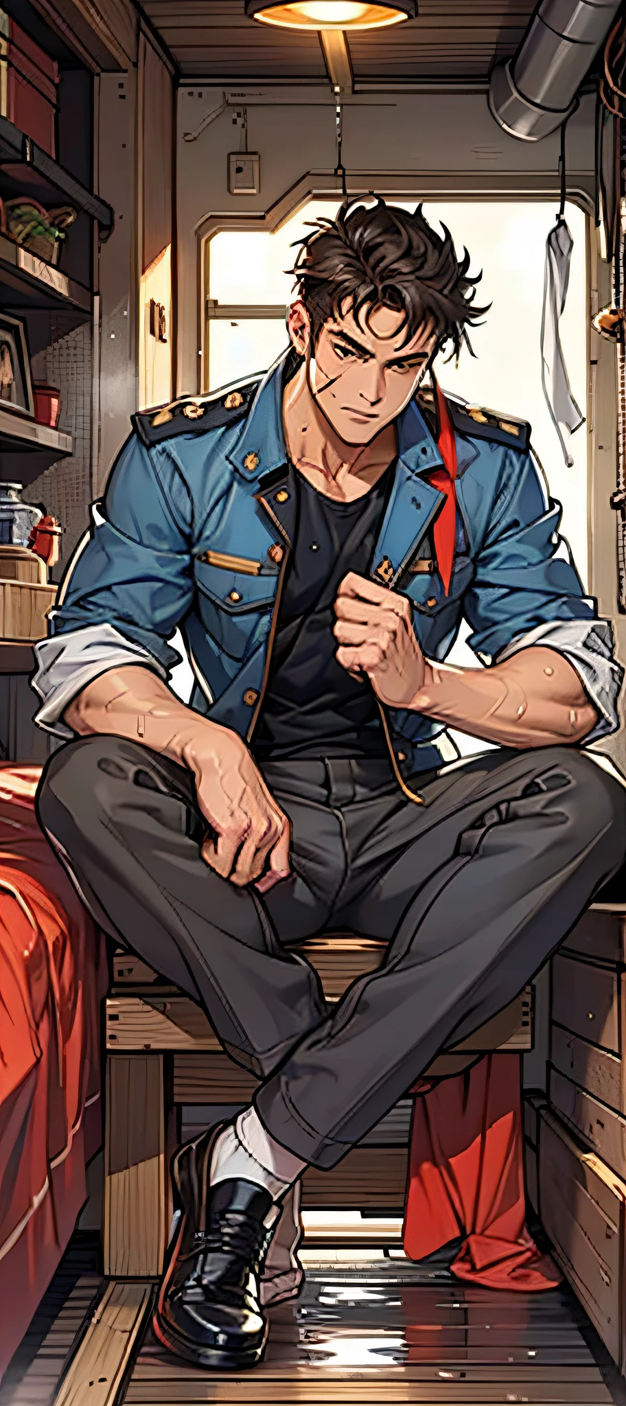 Masterpiece, Best quality, face, Natural eyes, 1人, European, big feet, (No shoes), in suit, leather shoes, Black socks, full bodyesbian, Naked, A naked male, mature handsome male, large bulge, Long legs, view the viewer, 30 years old, Navy uniform, musculous,mature, short detailed hair, Mature sailors weaving naval uniforms sitting on the deck of a ship, Wet body, Wet clothing, White fluid on the body, Hot, full of sweat, Flush, Steaming, Erection of the, Huge
