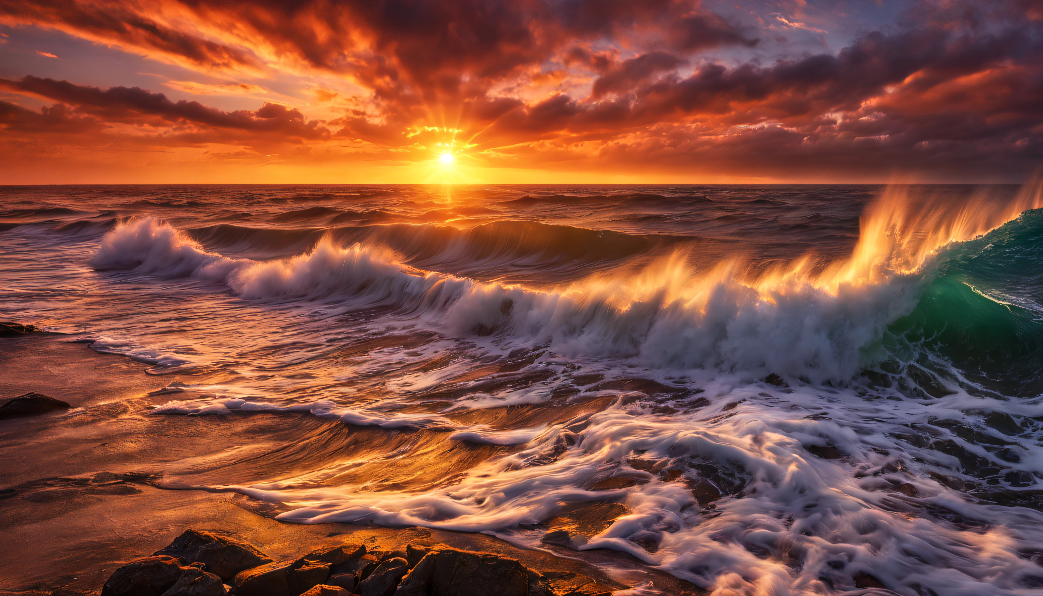 arafed view of a sunset over the ocean with waves crashing, chaotic sea setting, vibrant sunrise, breathtaking colors, breathtaking look, vibrant sunset, breathtaking composition, beautiful sea landscapes, stunning sunset, magnificent background, sunset glow, beautiful background, beautiful dreamy breathtaking, marc adamus, warm beautiful scene, epic sunset, beautiful sunset, beautiful sunset glow, beautiful ocean