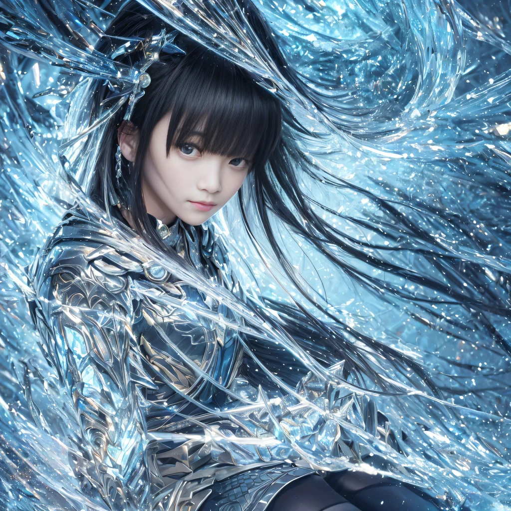 32K，复杂，ellegance，highly detailed，A majestic，Digital photography，Autumn cowboy shot，surrealism painting，Broken rubies，Beating magic，Entwined water magic，（tmasterpiece，Cinematic light，Fine beautiful eyes：1.2），hdr，Void 5 Energy Storm，(China 1 girl，Black eyes:1.5），paleskin，Glowing skin，(sitting on the stone：1.5），delicated face，Black color hair，Wearing palatial red armor，cropped shoulders，nabel，short  skirt，Beautiful light blue armor，Rained，big breasts beautiful，looking at viewert，Face away from the camera，tmasterpiece，Side upper body,Side portrait close-up
