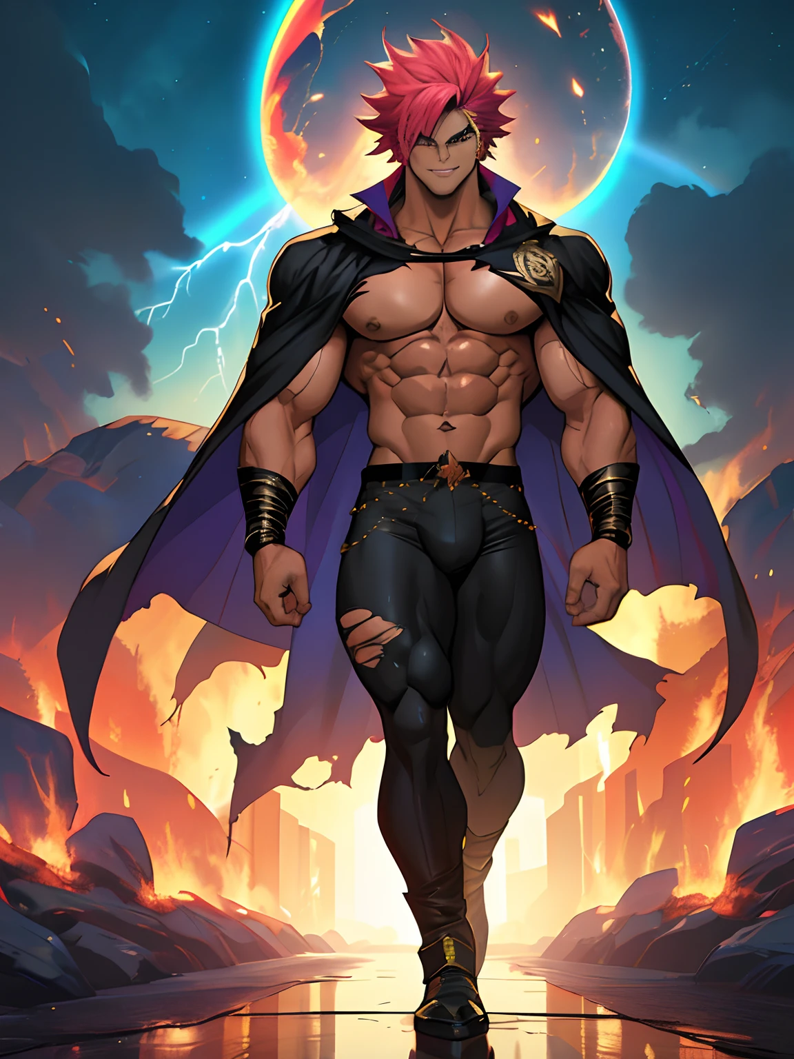 (anime style art,)extremely masculine muscular character,muscular,bodybuilder, huge bulge, sexy, smirk, erotic, 8 pack abs, 1boy,adult,solo, masterpiece, best quality,4k, Main, rainbow,, hair, cape,bare chest, suit pin?, fashion, catwalk, superhero, giant, torn clothes, fire, thunder, meteor, aura