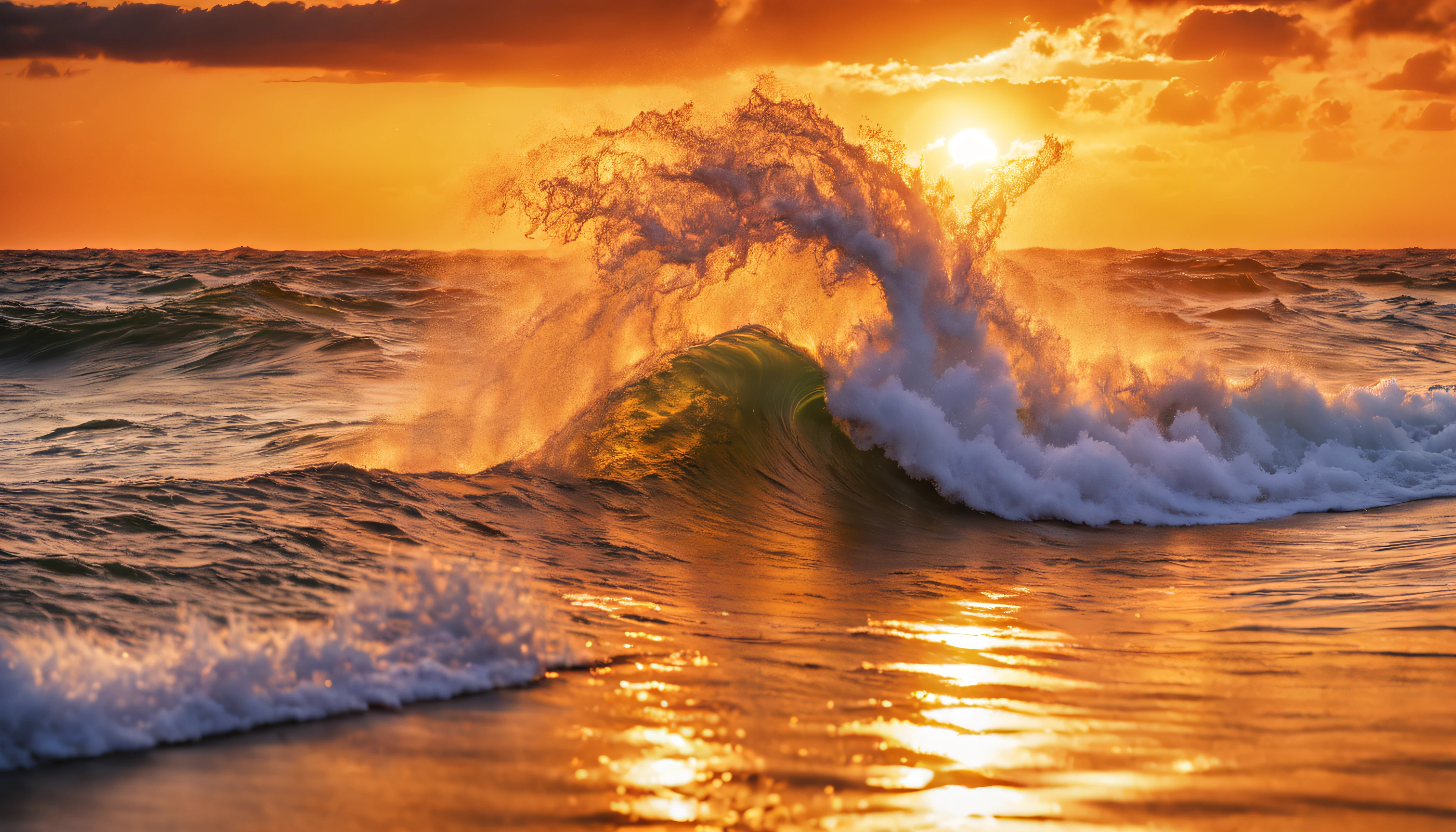 sunset over the ocean with a wave breaking in front of it, chaotic sea setting, beautiful waves in sea, sunset at the beach, epic red - orange sunlight, vibrant sunrise, shutterstock, beautiful sunrise, sunset on the beach, beautiful sunset, sea, vibrant sunset, tall backlit waves, the most beautiful sunset, soaring waves, rising from ocean, sunset glow